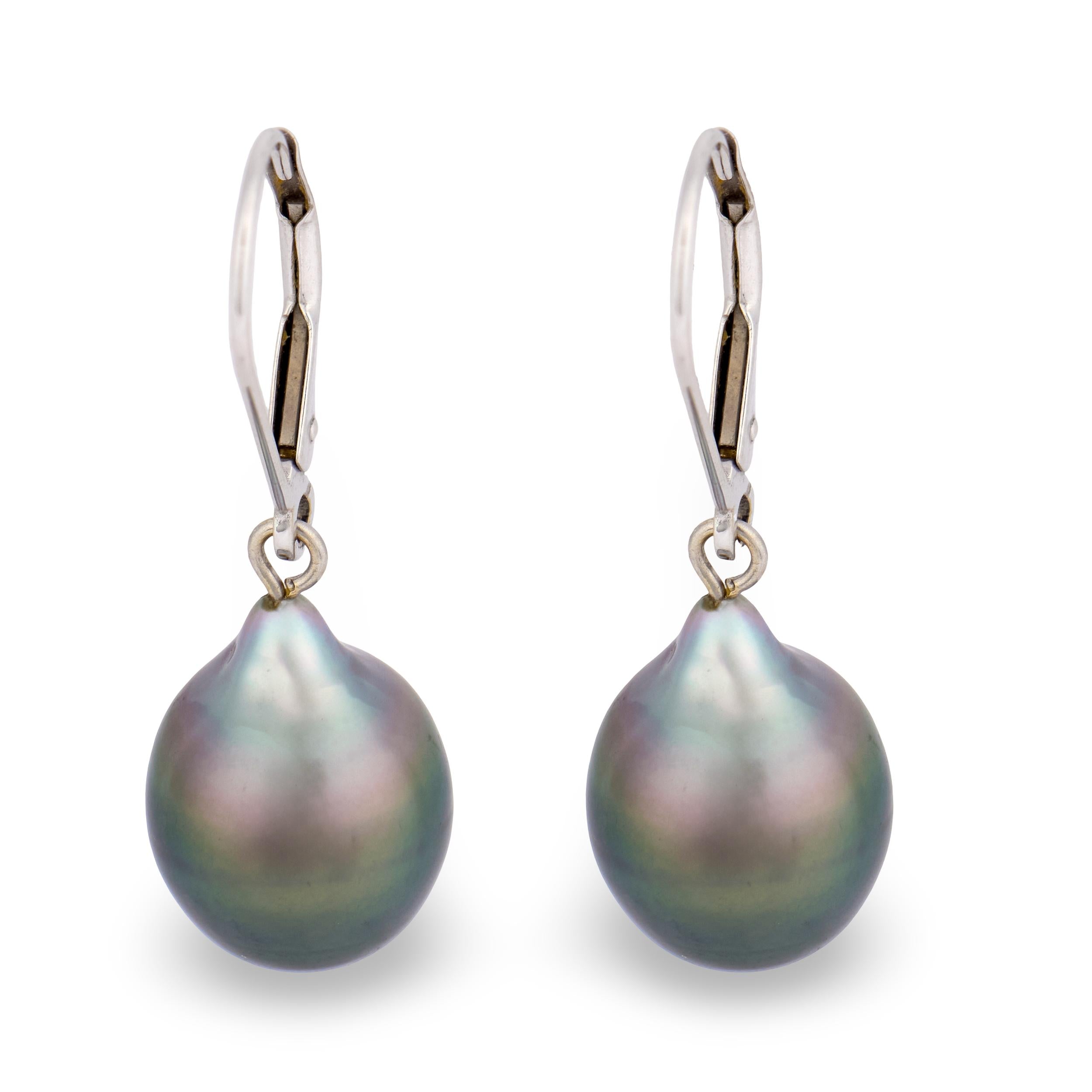 Estate 14k Black Tahitian Pearl Dangle Earrings 10mm