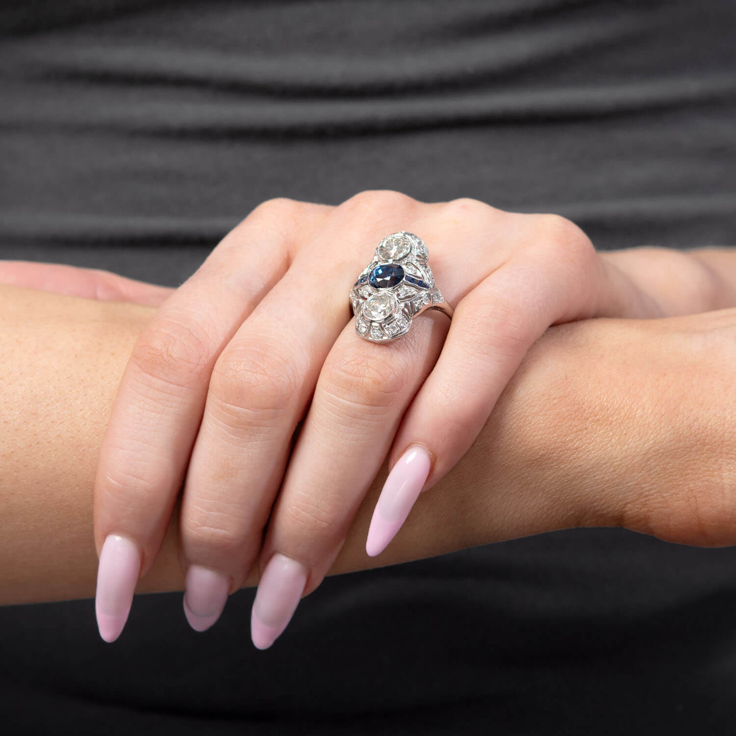 Edwardian Platinum Sapphire & Diamond Navette Ring