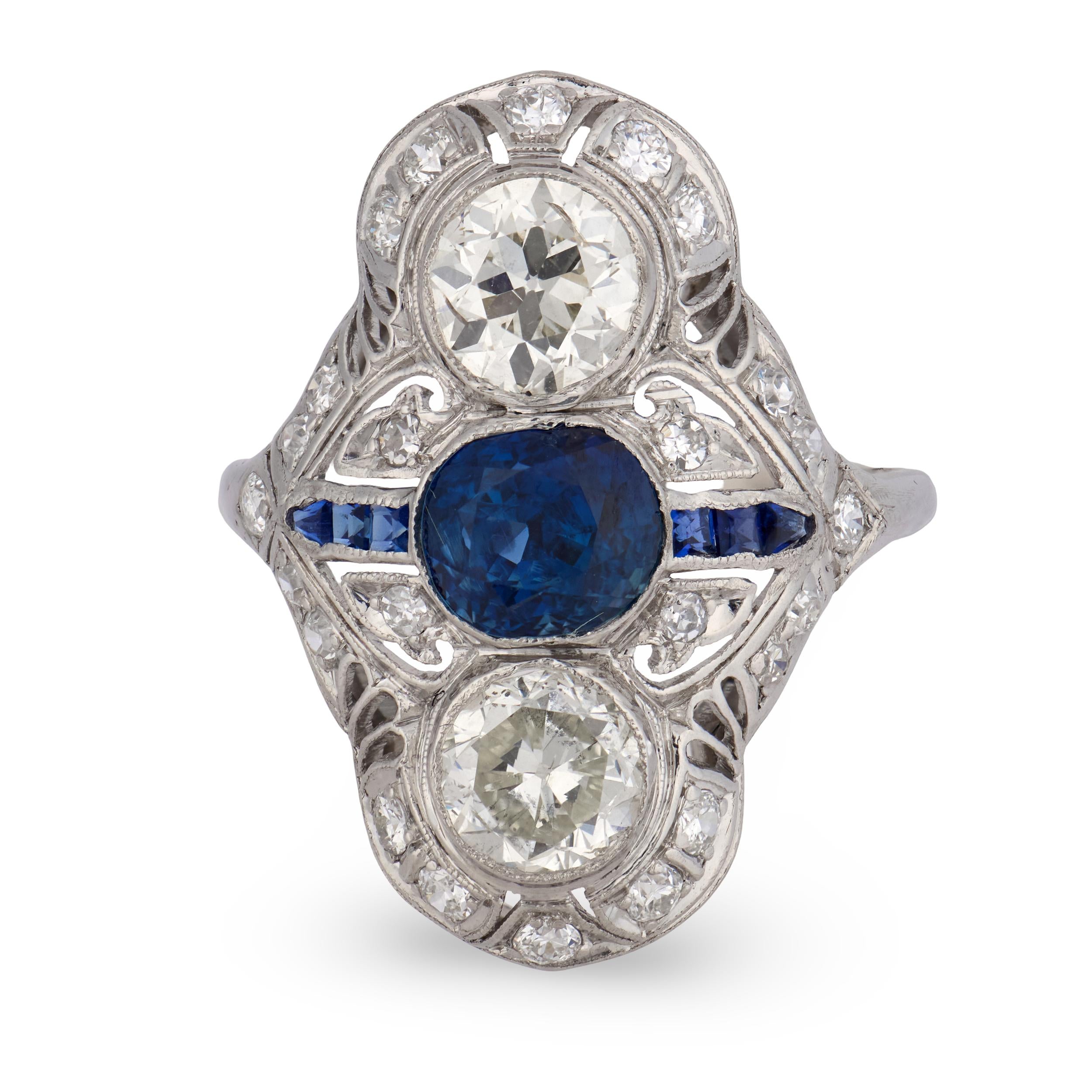 Edwardian Platinum Sapphire & Diamond Navette Ring