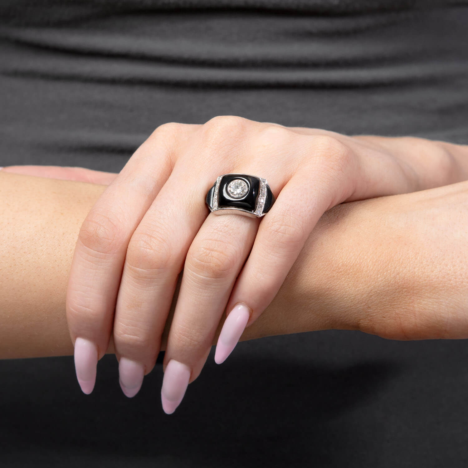 Art Deco Platinum Diamond & Onyx Engagement Ring .85ct