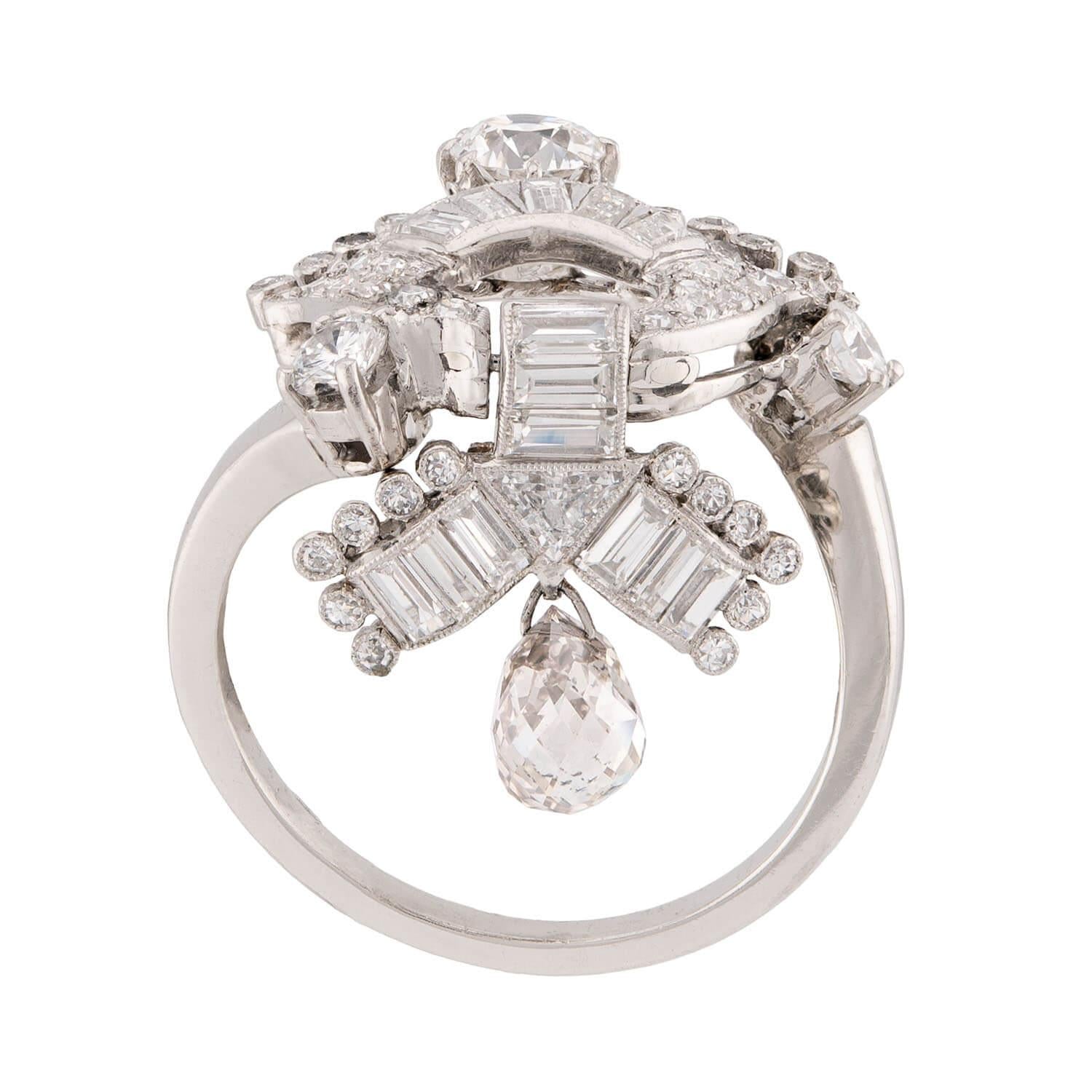 Art Deco Platinum Diamond Briolette Ring