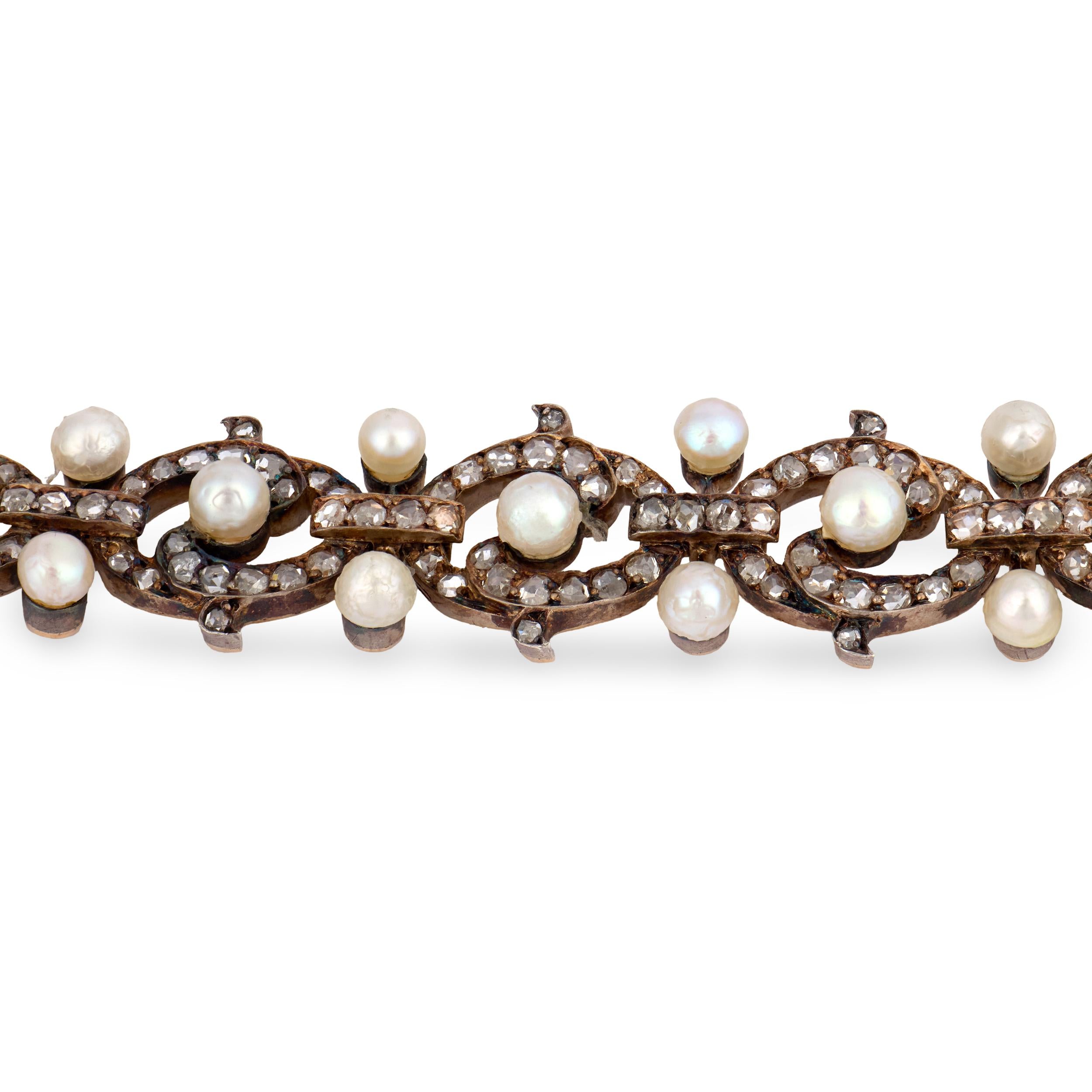 Victorian French 18k/Sterling Silver Diamond & Pearl Bracelet