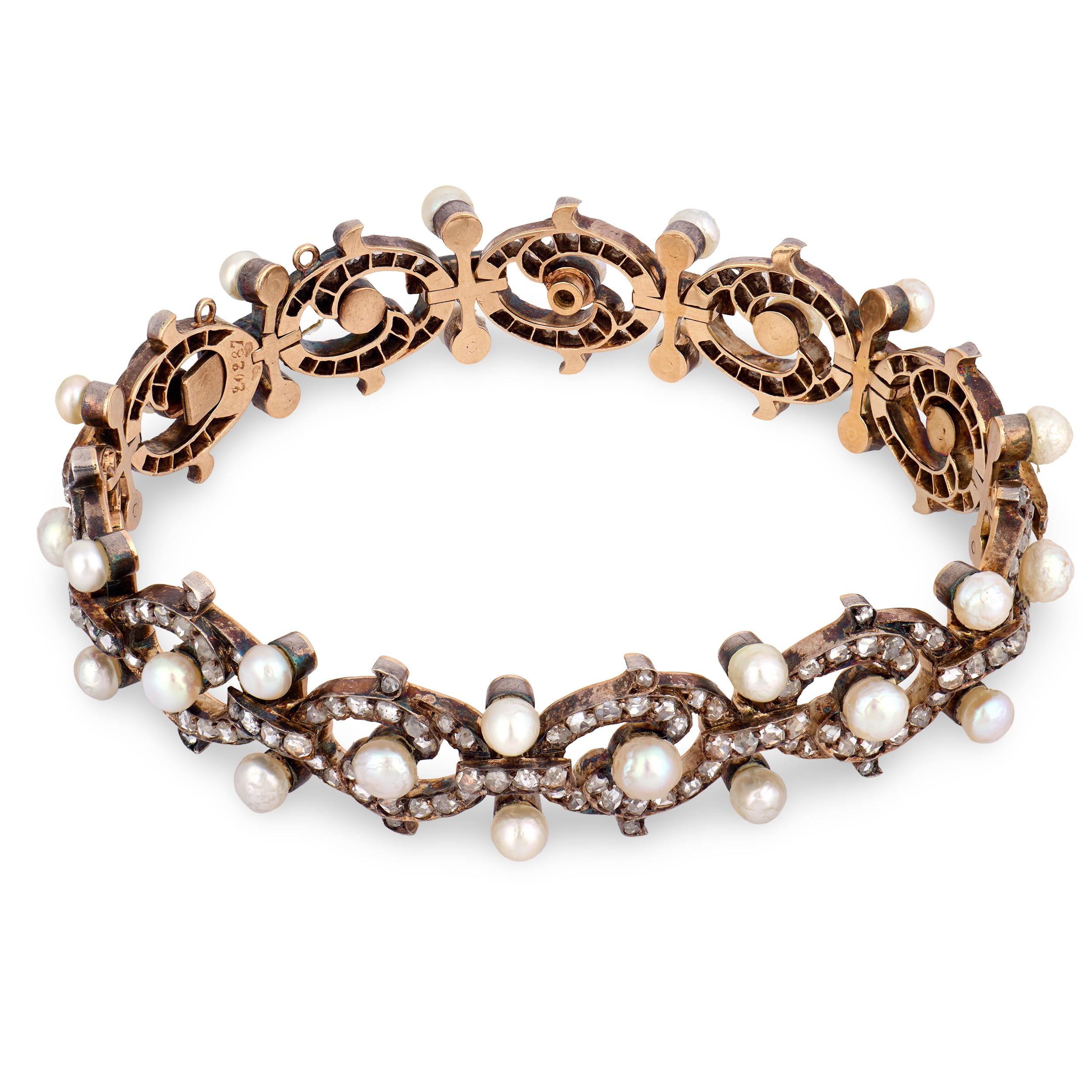 Victorian French 18k/Sterling Silver Diamond & Pearl Bracelet