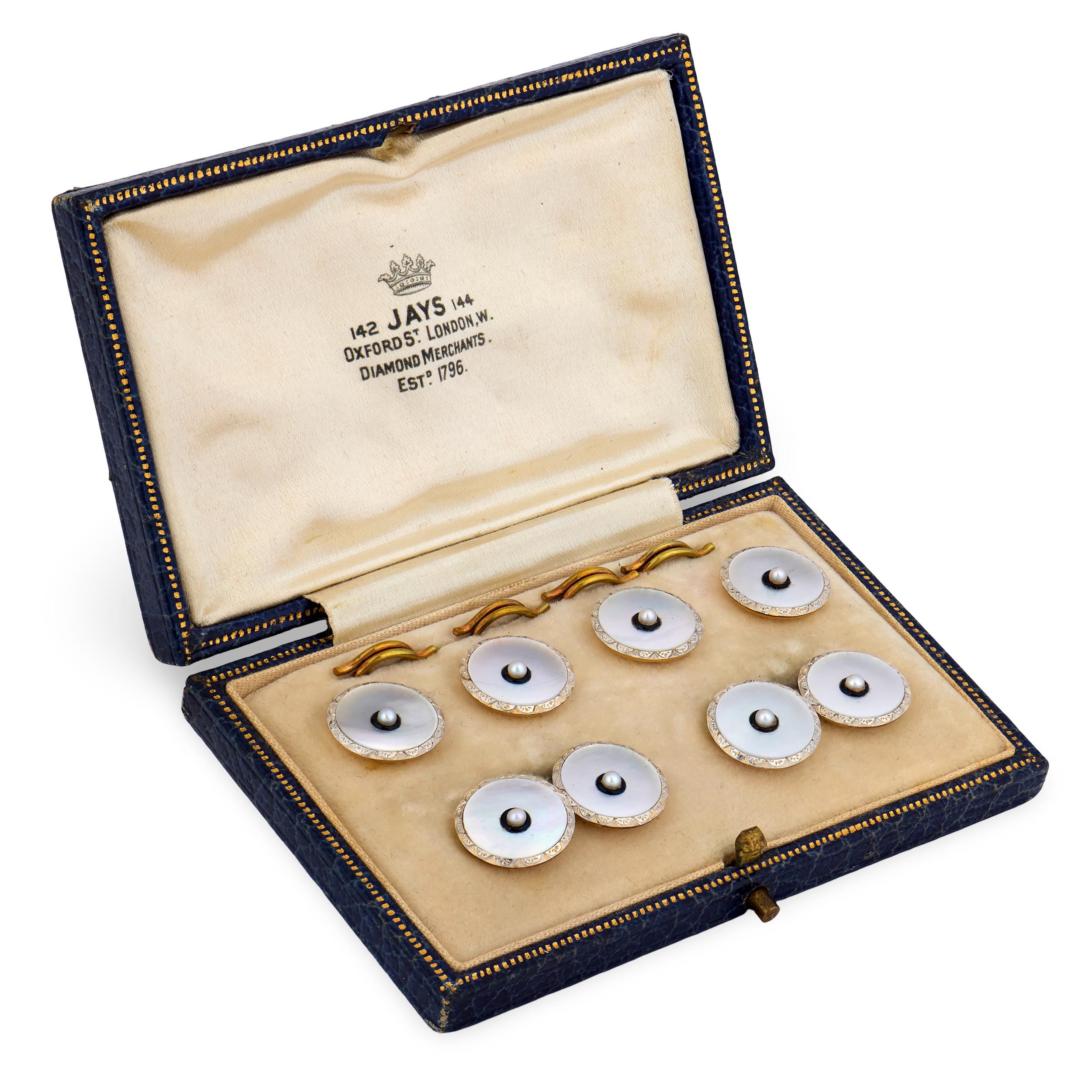Edwardian 9k/Platinum Mother of Pearl, Pearl, & Enamel Cufflink Set