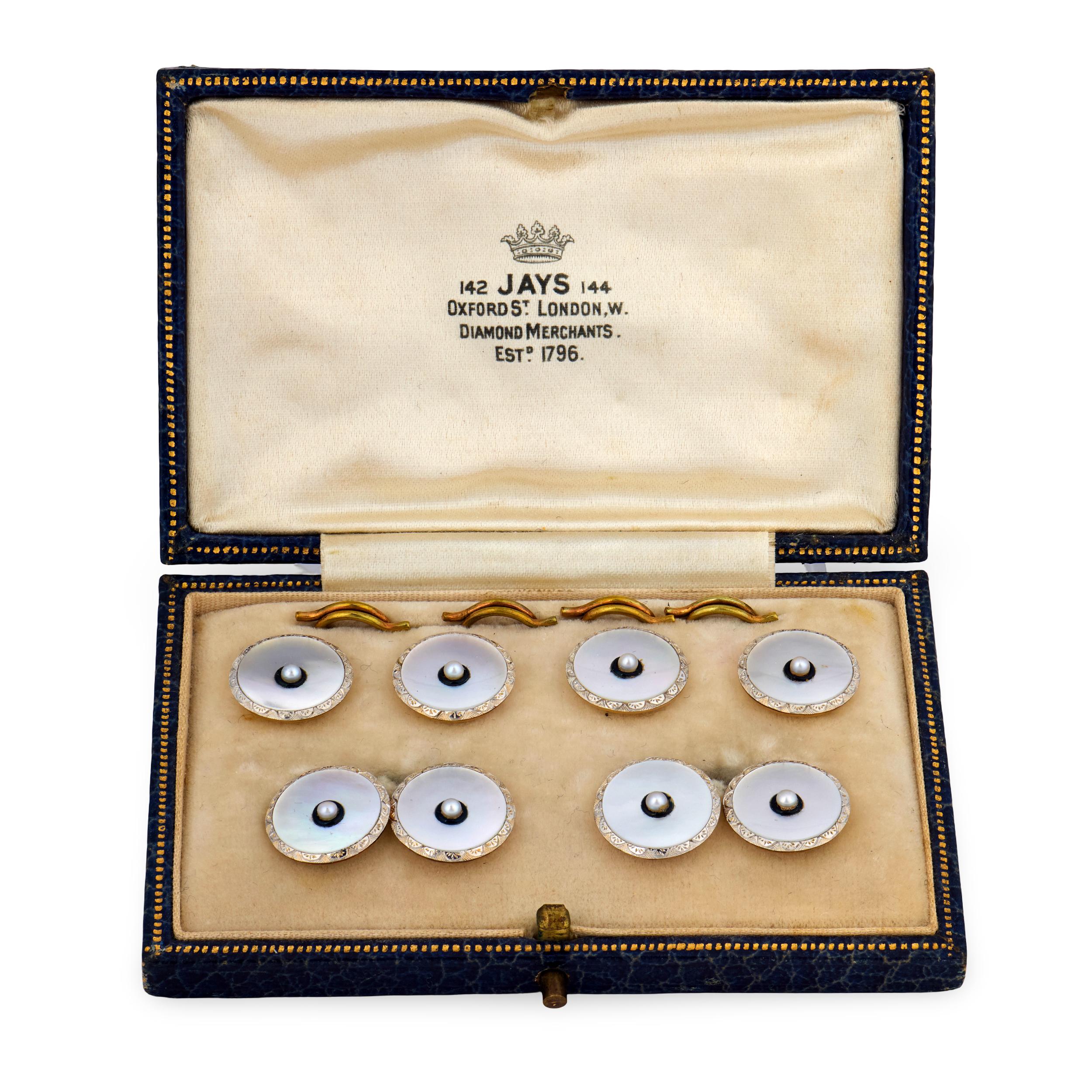 Edwardian 9k/Platinum Mother of Pearl, Pearl, & Enamel Cufflink Set