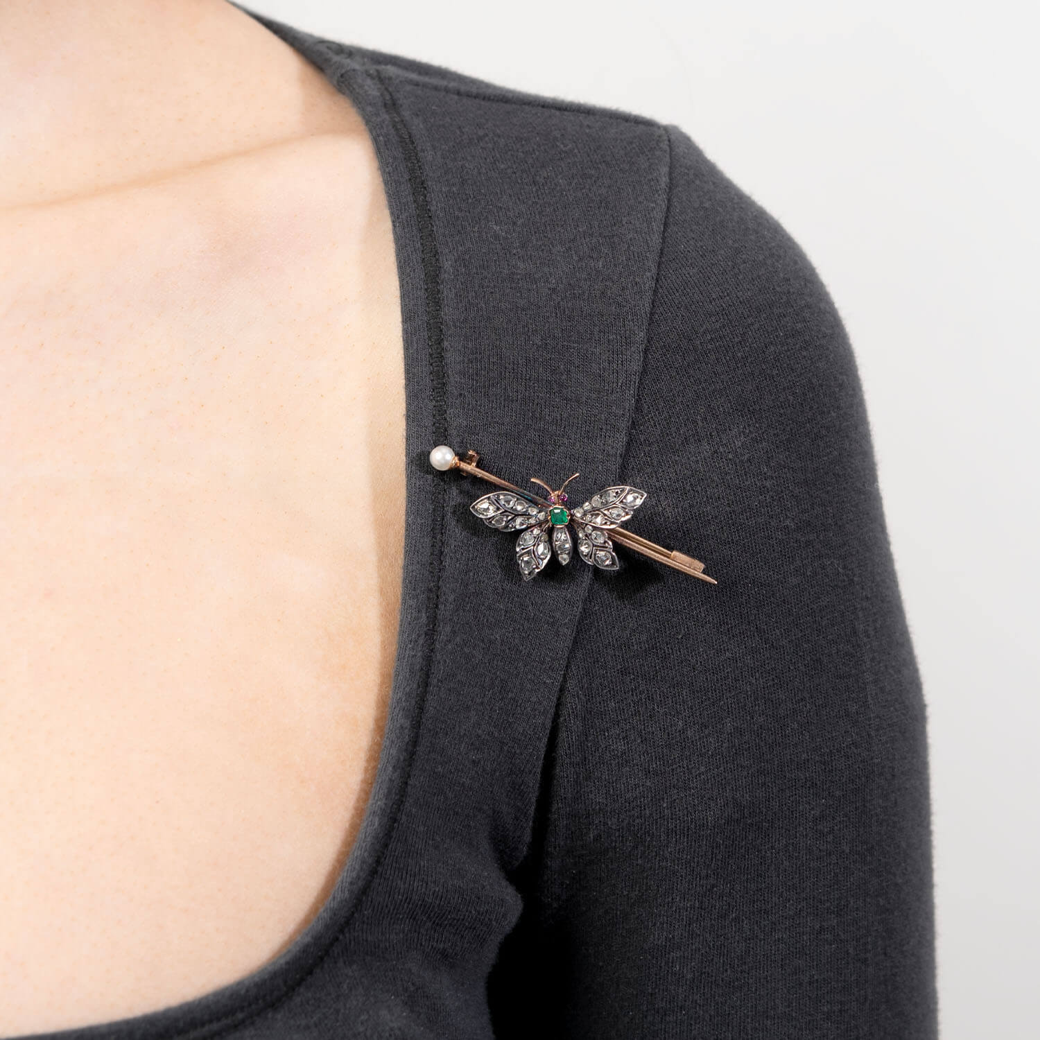 Victorian French 18k/ Silver Diamond, Emerald, Ruby, & Pearl Buttferly Pin