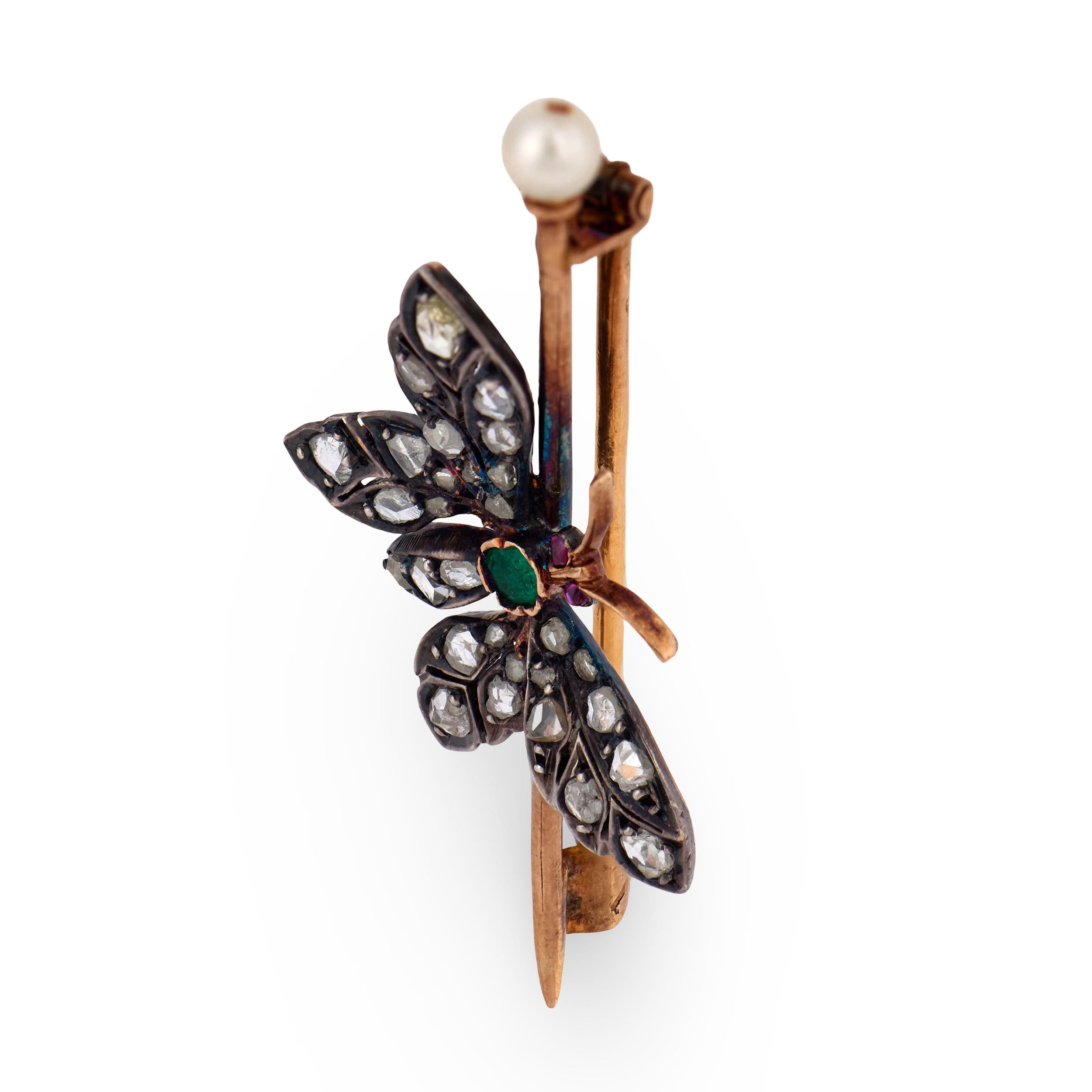 Victorian French 18k/ Silver Diamond, Emerald, Ruby, & Pearl Buttferly Pin