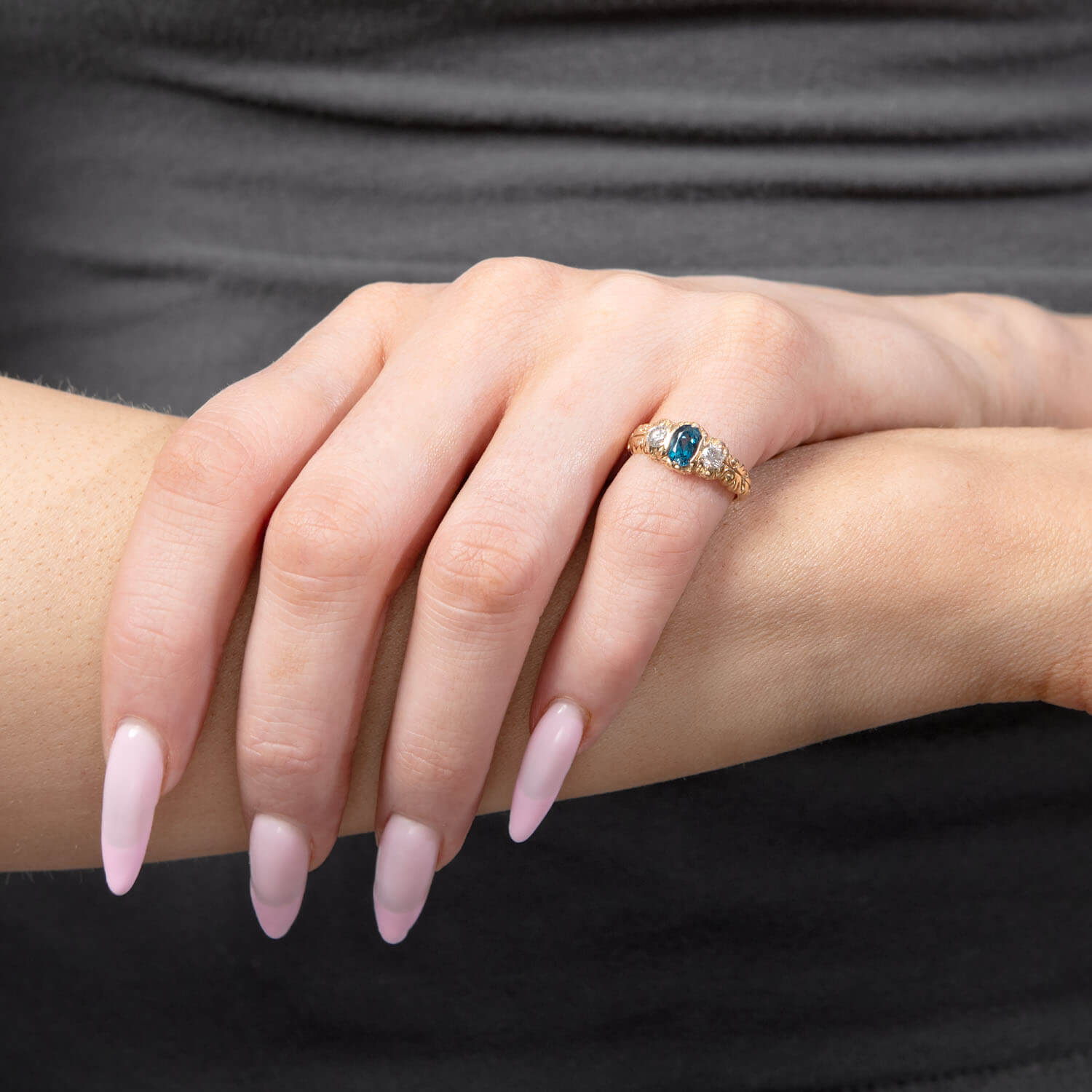 Vintage 14k London Topaz & Diamond Three Stone Ring