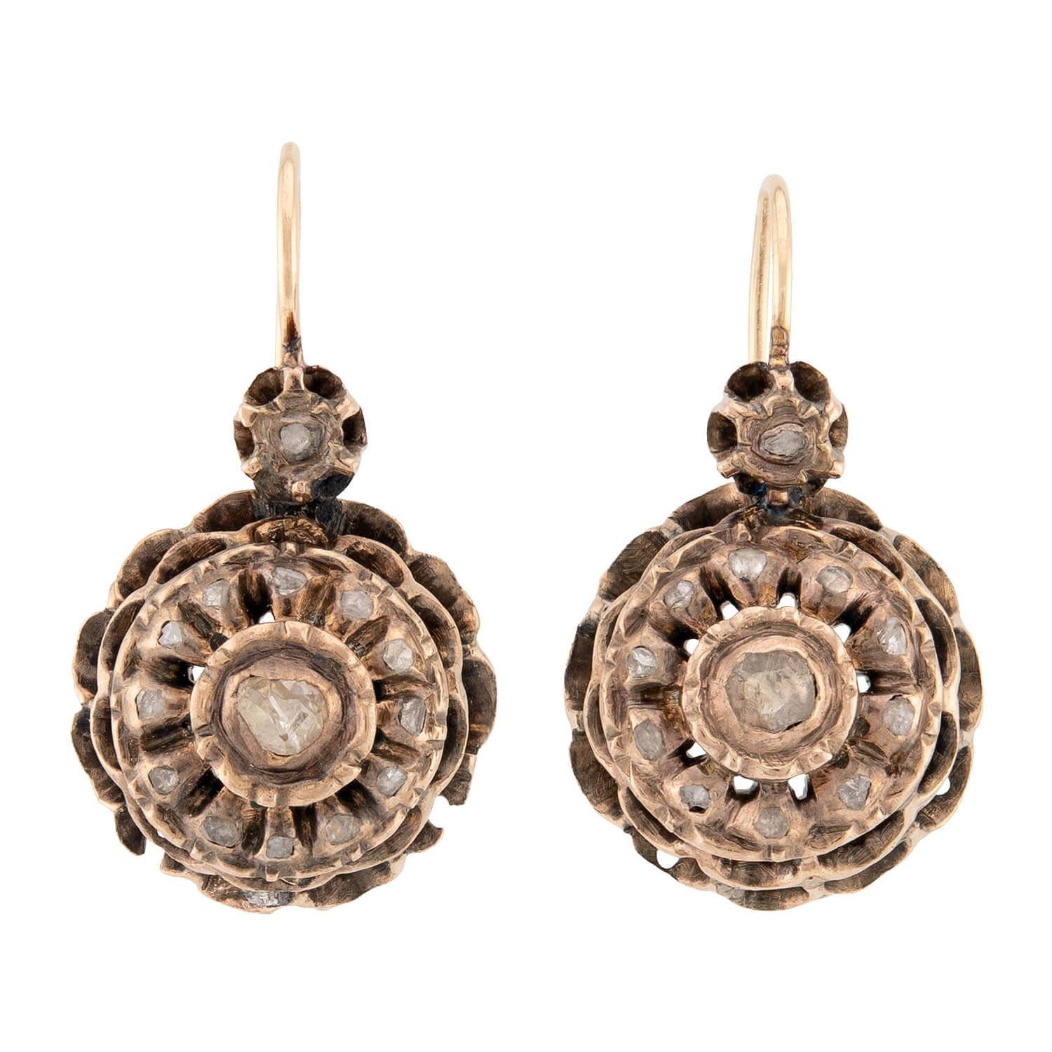 Victorian 14k Diamond Halo Floral-Motif Drop Earrings