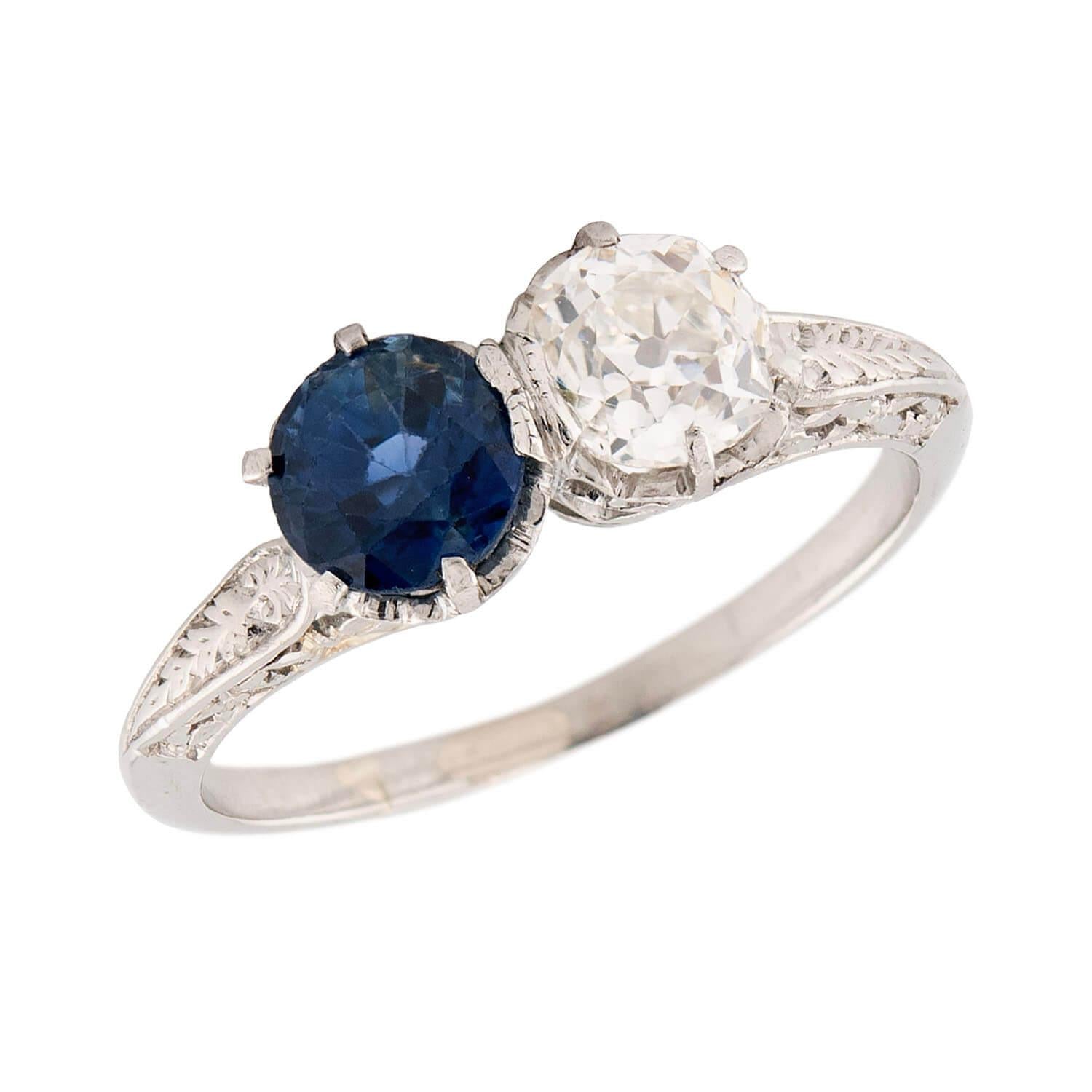 Edwardian Platinum Sapphire & Diamond Bypass Ring