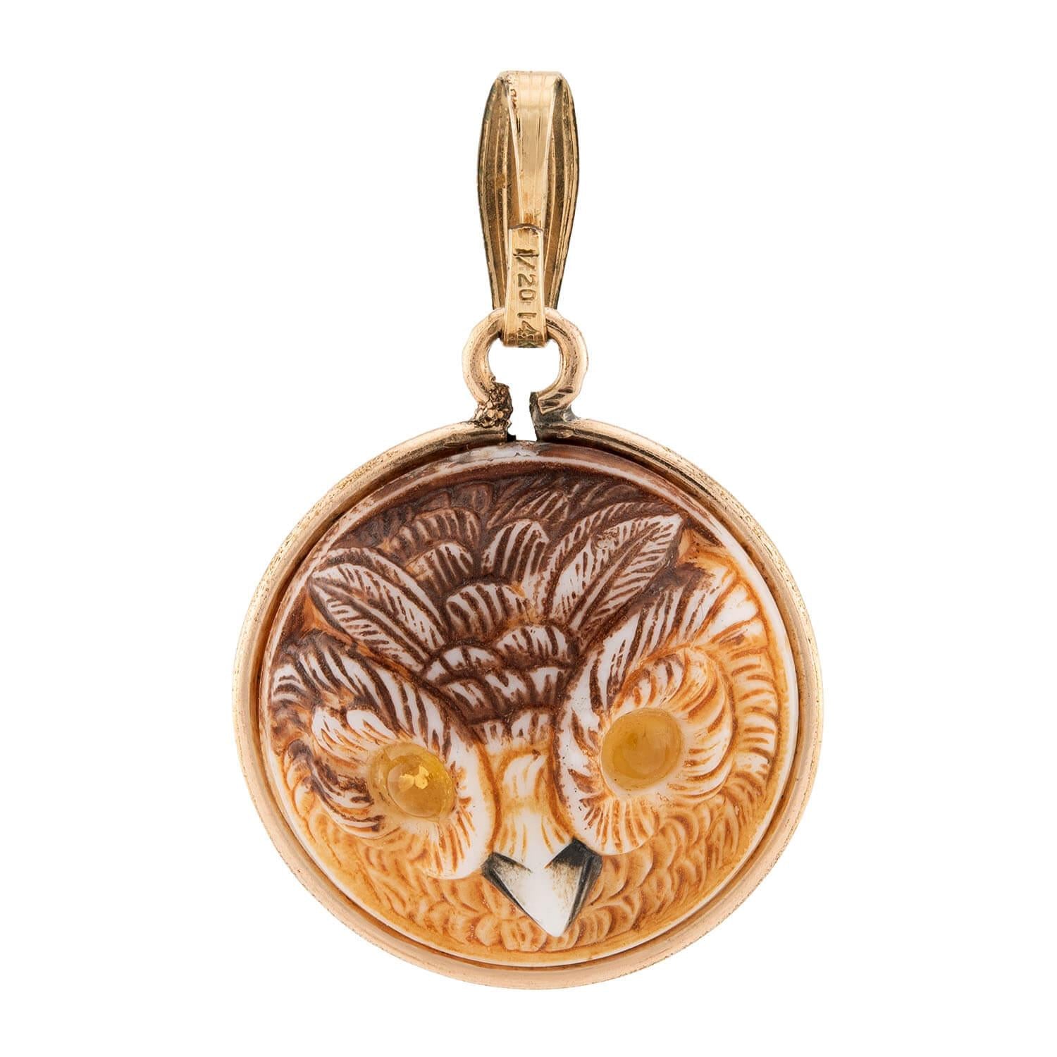 Art Nouveau Gold-Filled Celluloid & Glass Owl Pendant/Charm