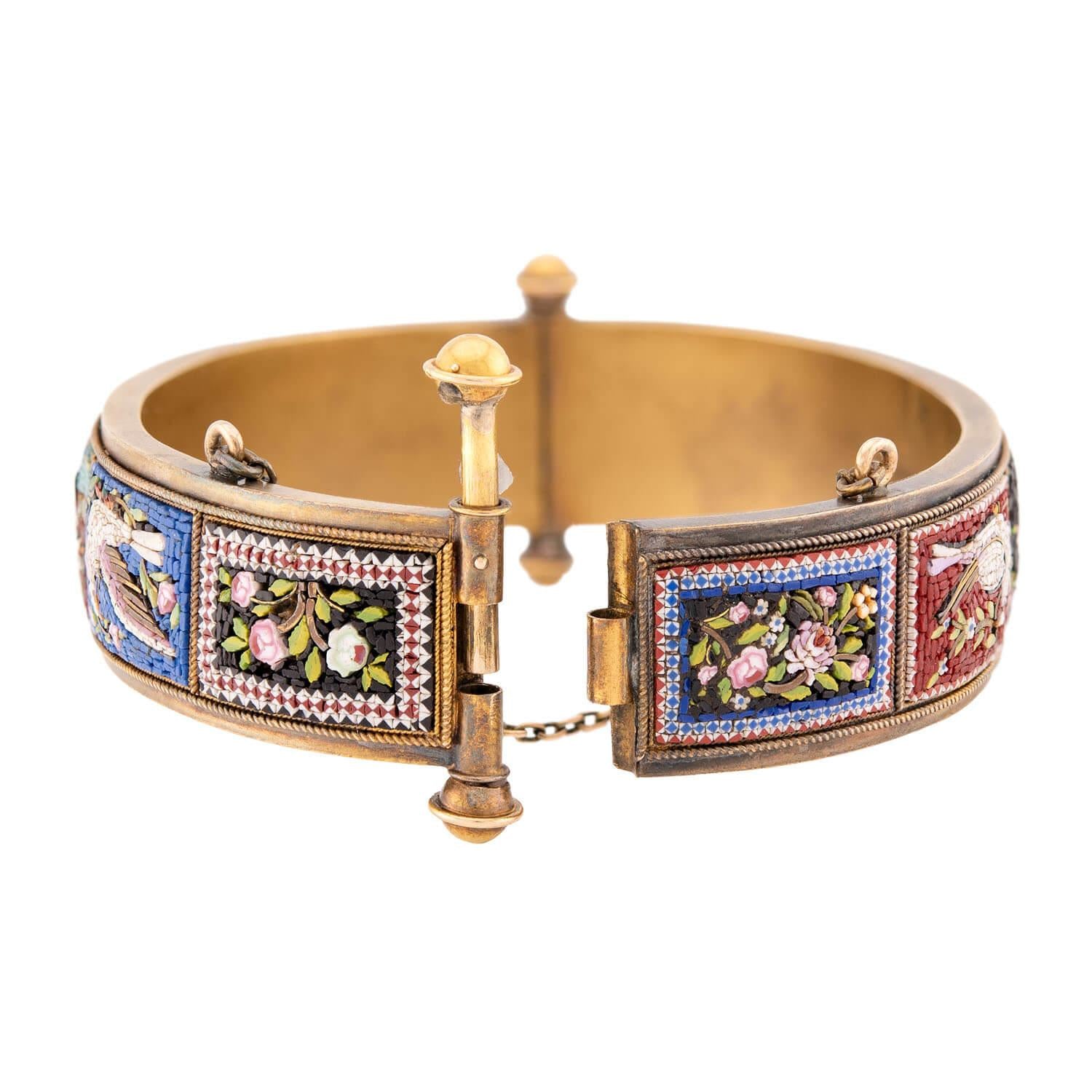 Victorian 18k Micro Mosaic Swan & Floral Motif Bangle