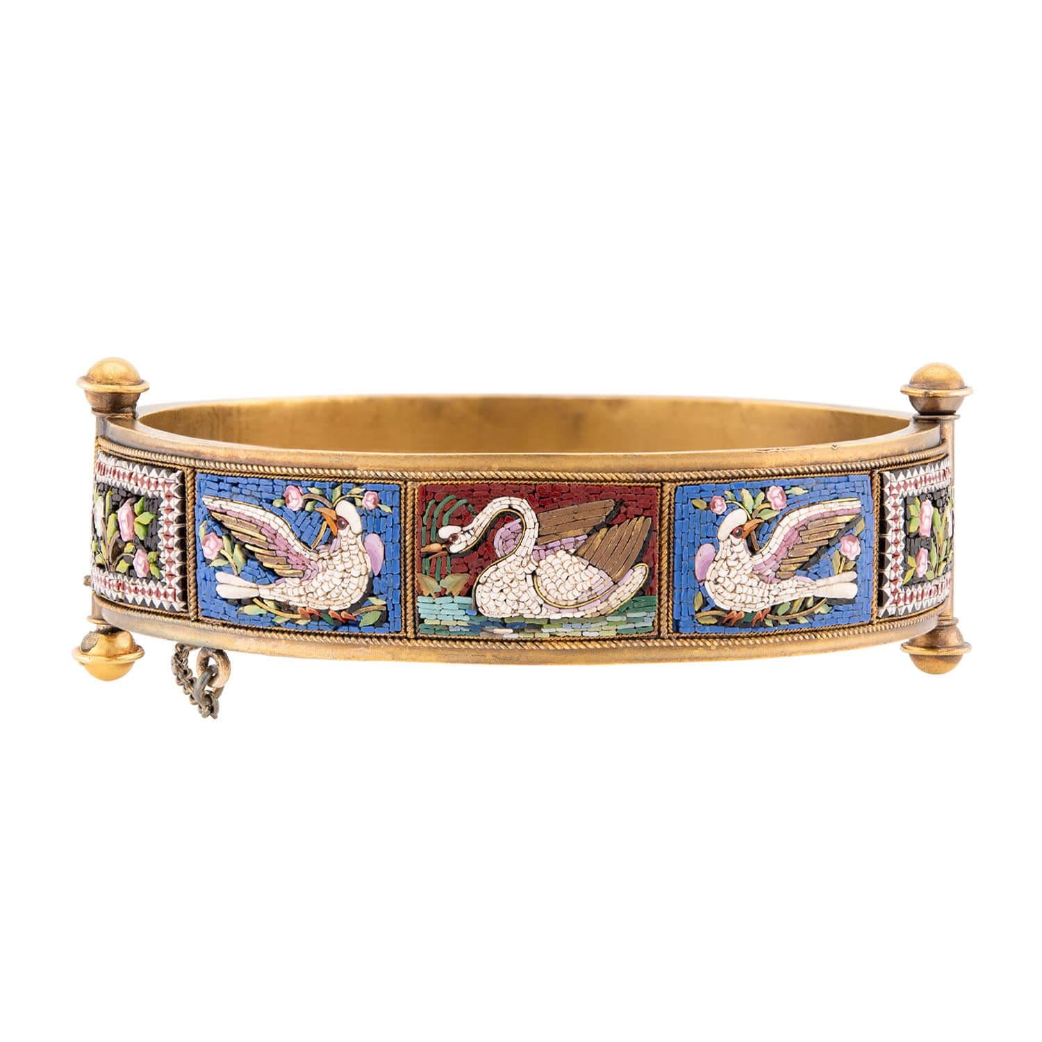 Victorian 18k Micro Mosaic Swan & Floral Motif Bangle