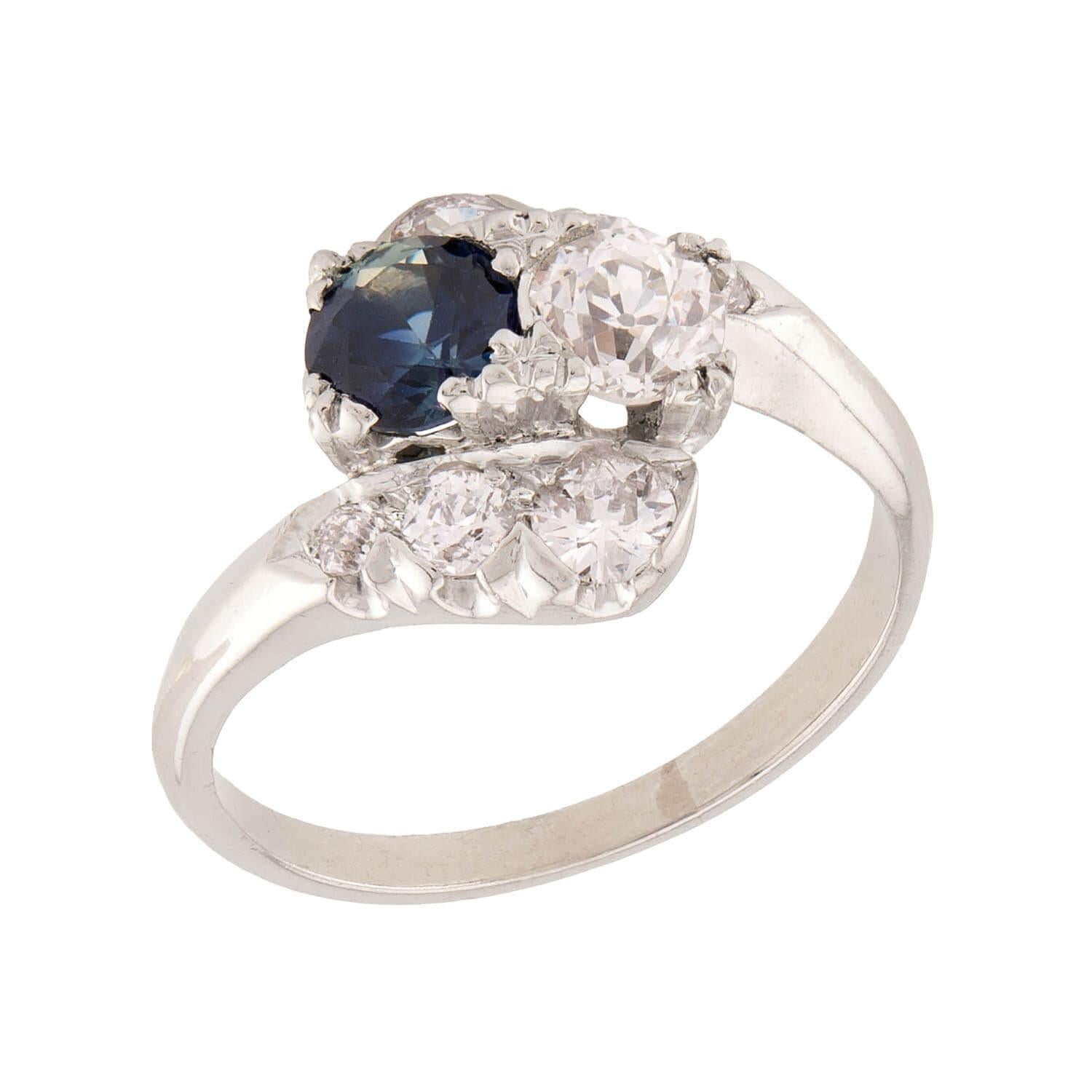 Art Deco Palladium Diamond & Sapphire Bypass Ring