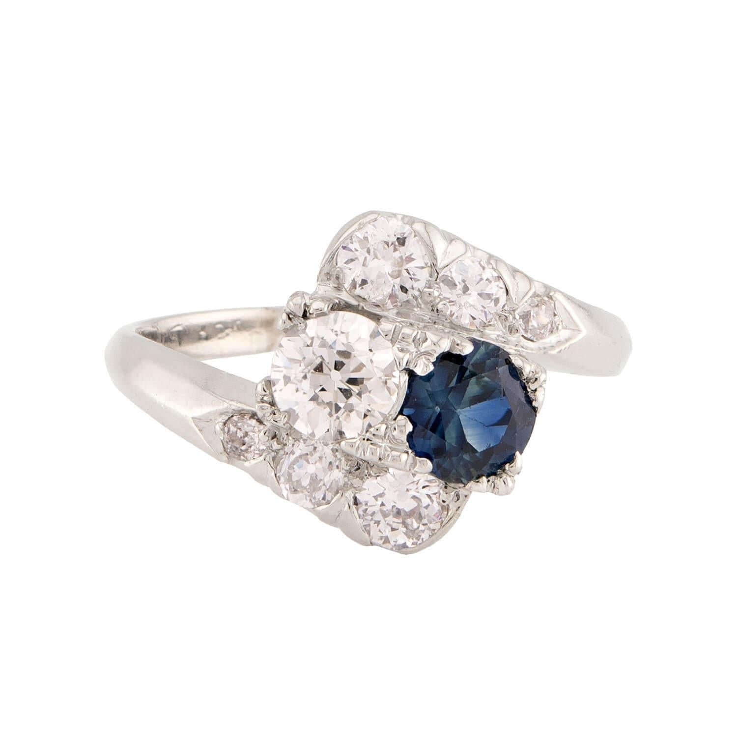 Art Deco Palladium Diamond & Sapphire Bypass Ring
