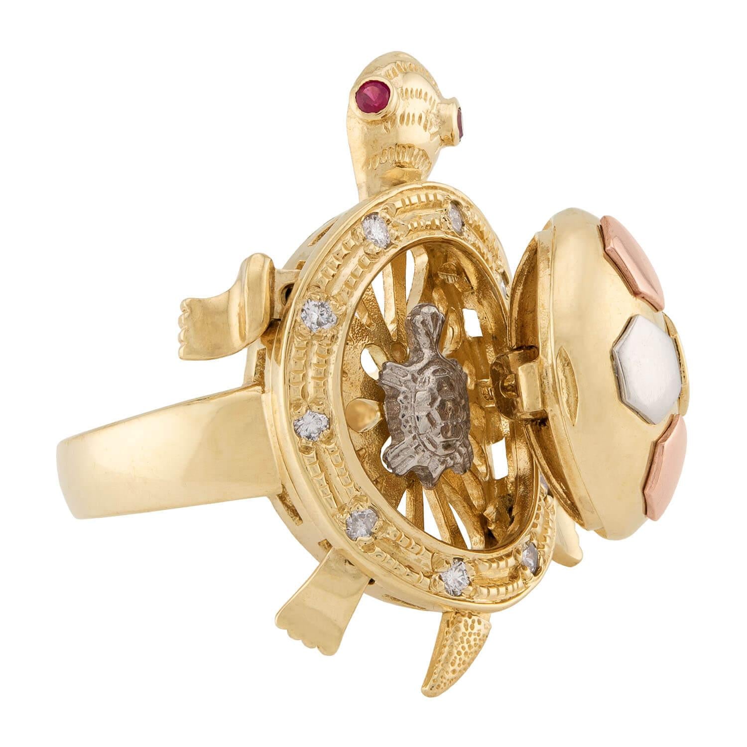 Estate 10k Mixed Metal Diamond & Ruby Turtle Ring