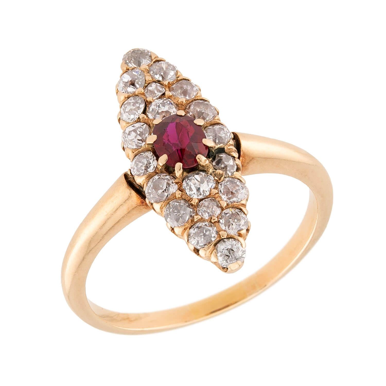 Victorian 18k Ruby & Diamond Navette Ring