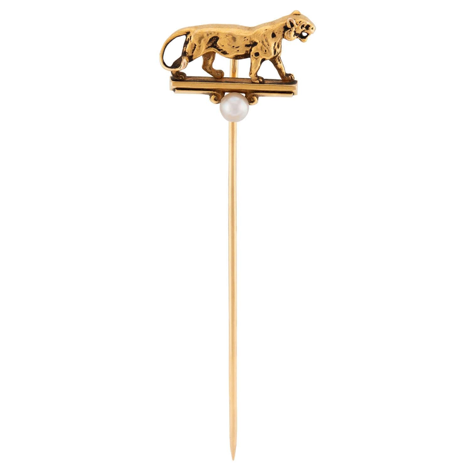 HENRY BLANK & CO. Art Deco 14k Pearl Tiger Stick Pin