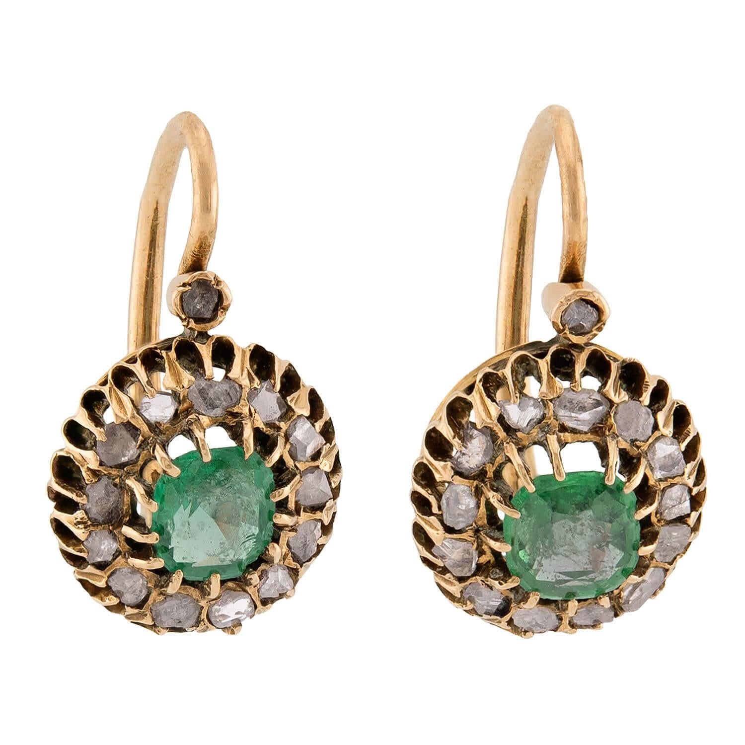 Victorian 14k Emerald & Diamond Halo Earrings