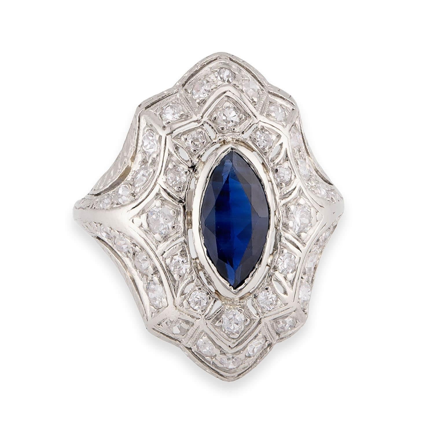 Art Deco Platinum Sapphire & Diamond Navette Ring