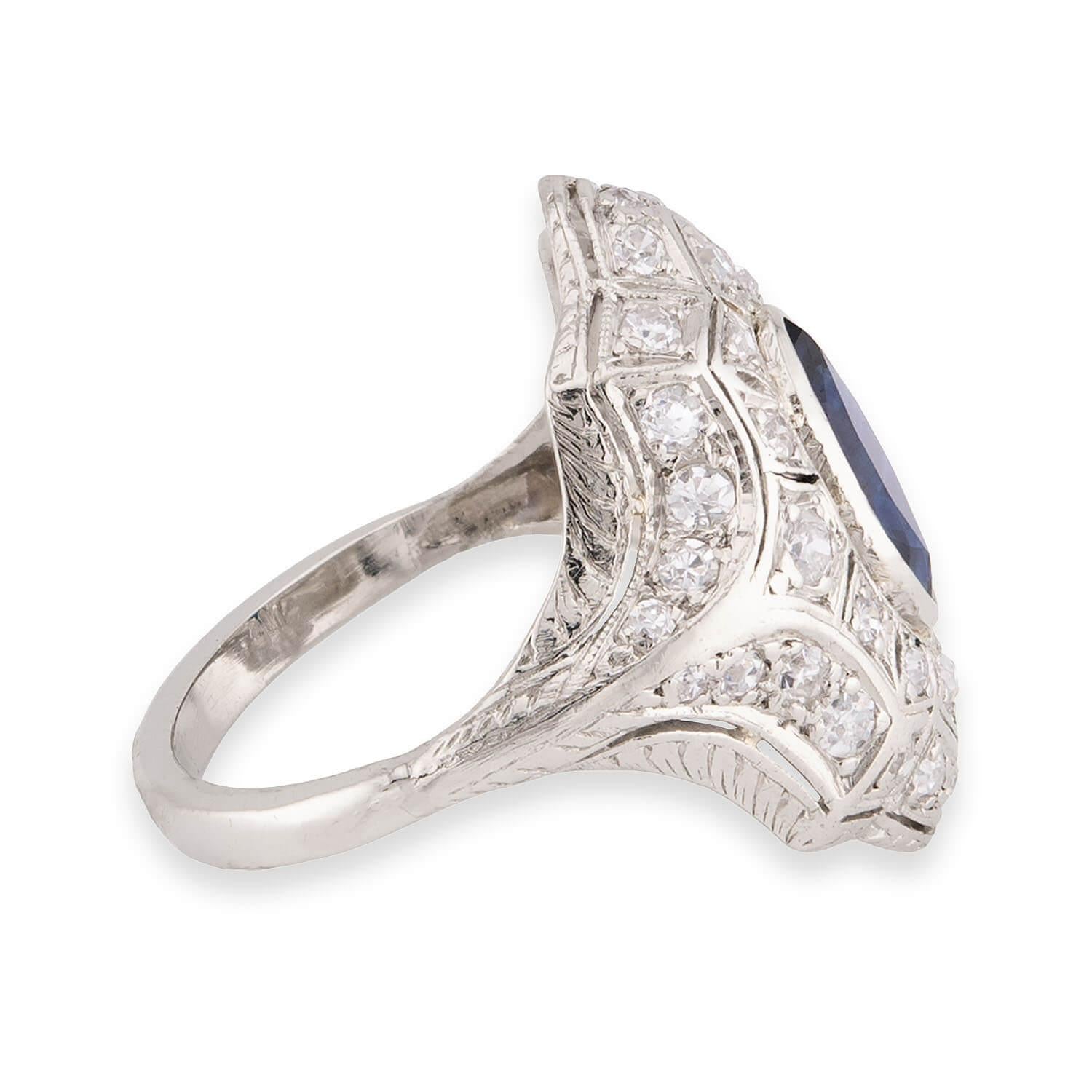 Art Deco Platinum Sapphire & Diamond Navette Ring