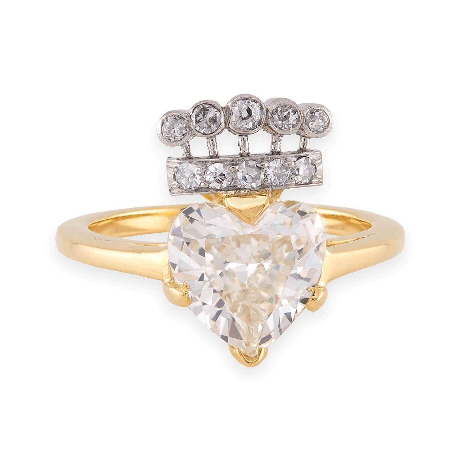 Retro 18k/Platinum Diamond Crown & Heart-Motif Ring