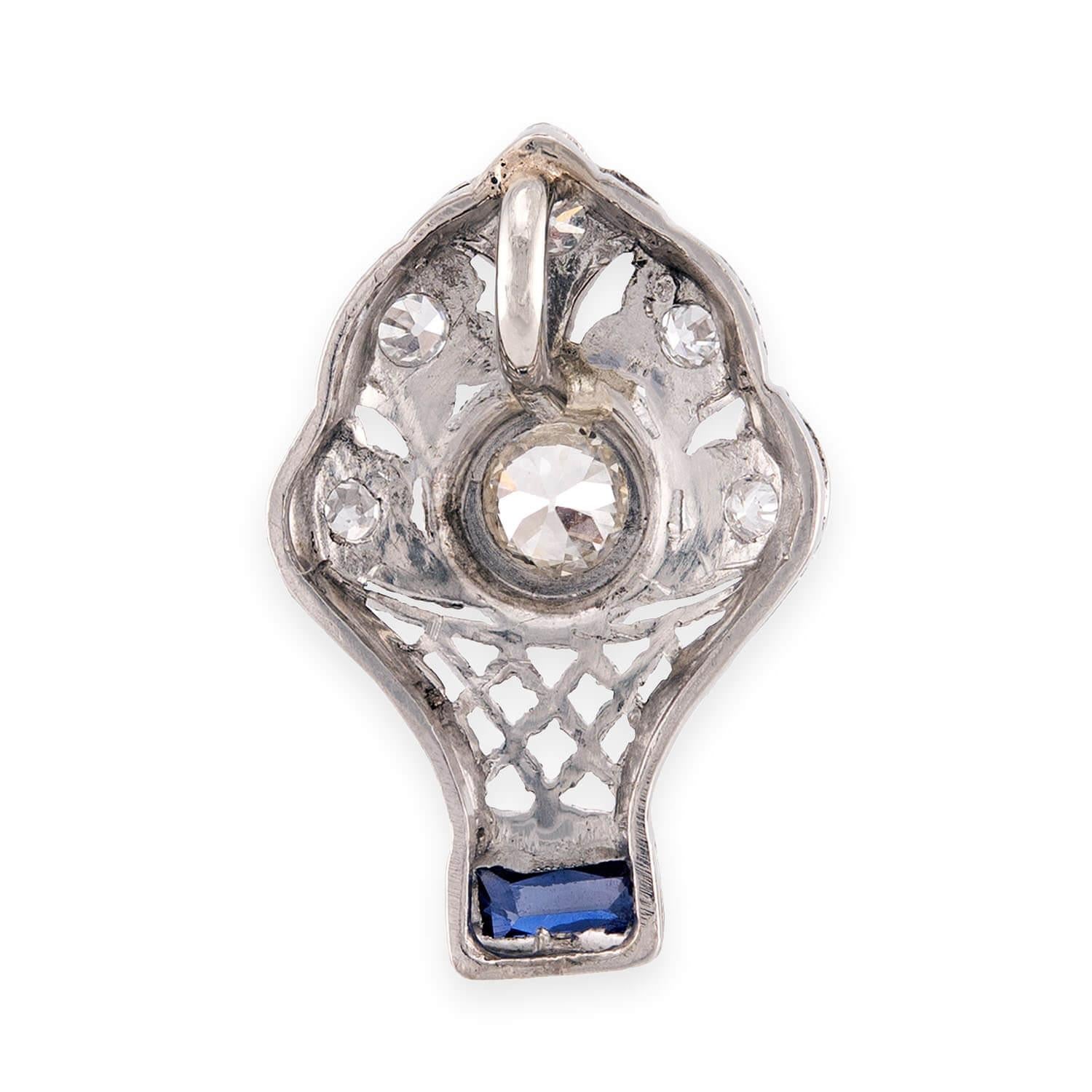 Edwardian Platinum Diamond & Sapphire Flower Basket-Motif Pendant/Charm