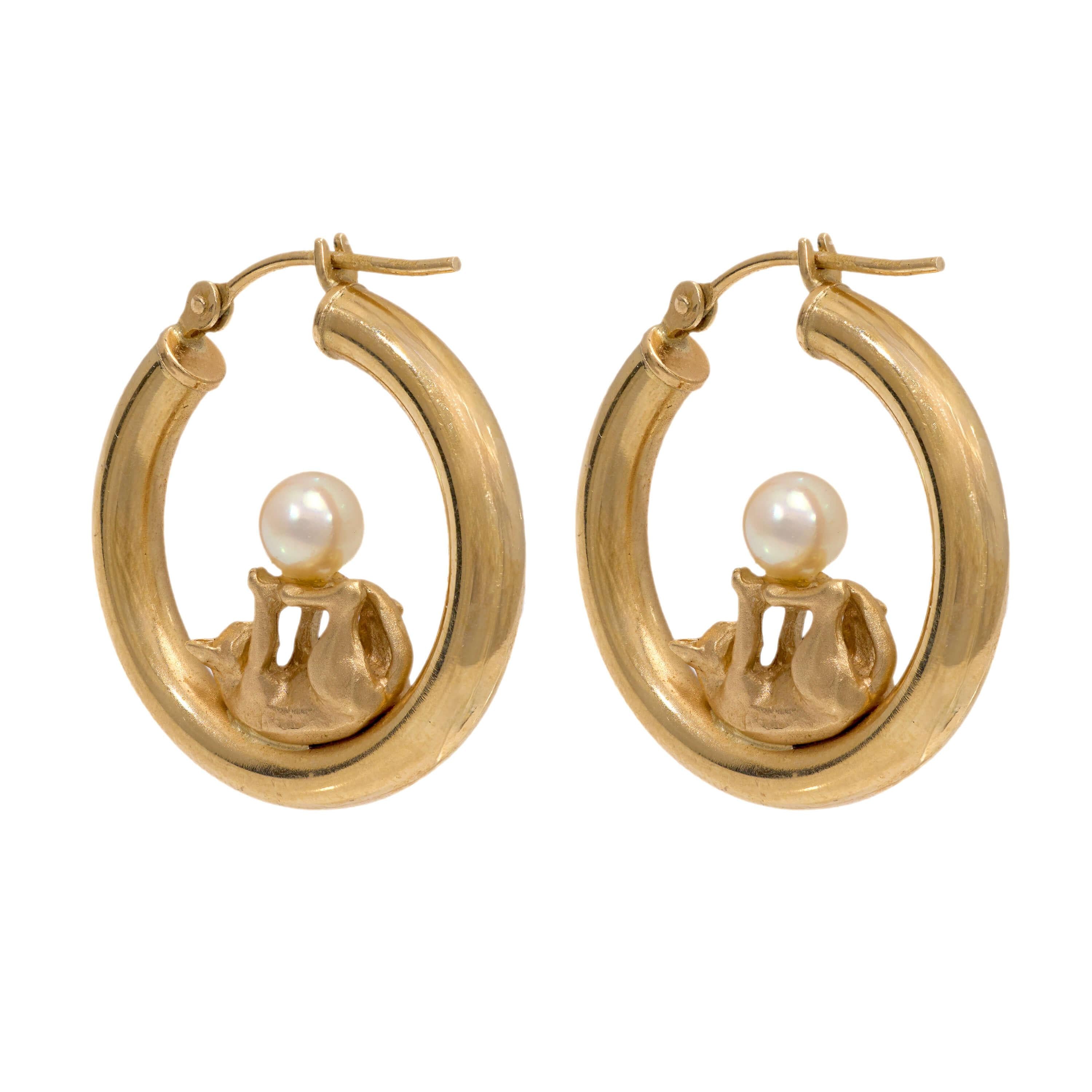 Estate 14k Pearl Cat Motif Hoop Earrings
