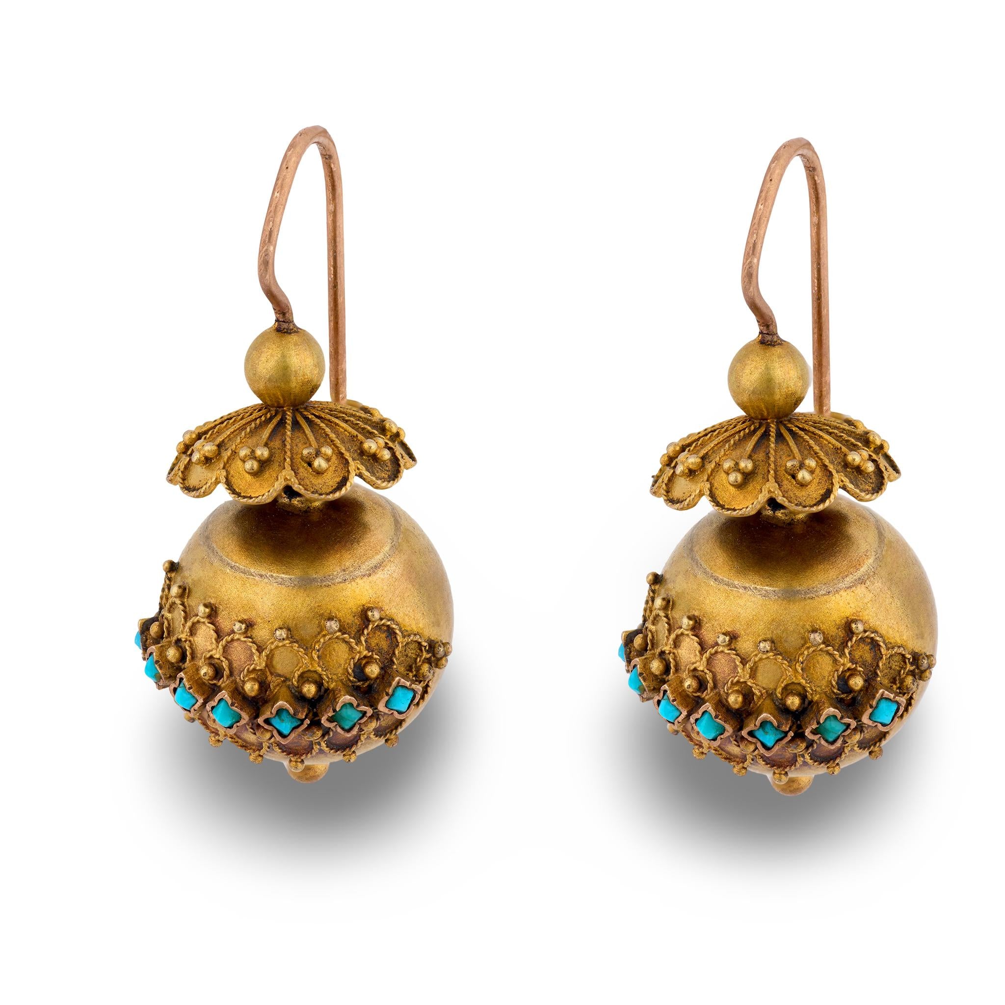 Victorian 14k Etruscan Turquoise Ball Earrings