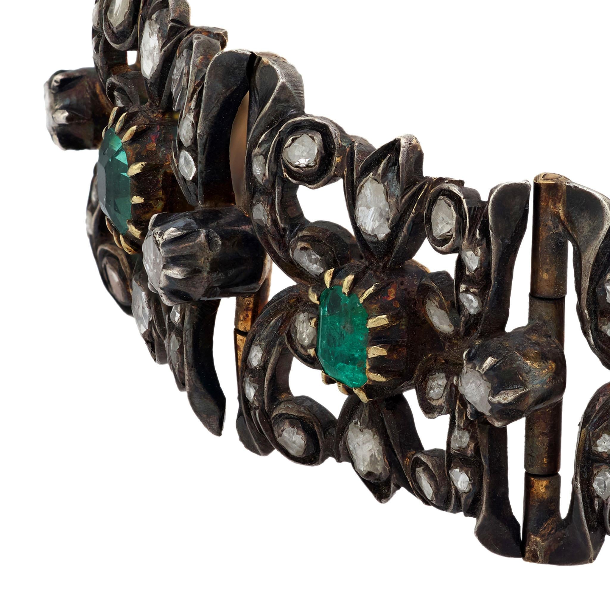 Regency Russian 14k Gold/Sterling Silver Emerald & Diamond Line Bracelet