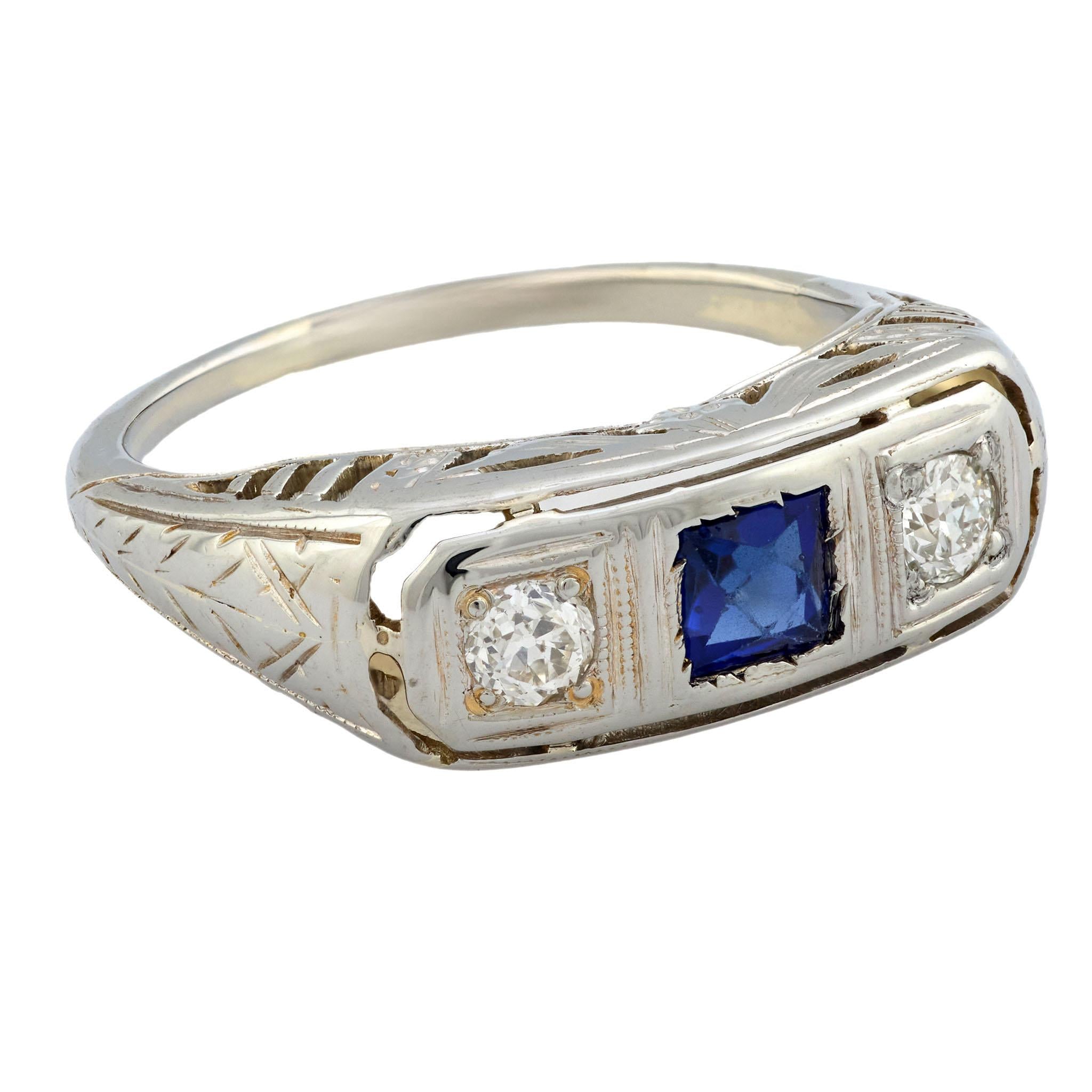 Art Deco 14k Sapphire & Diamond Three Stone Ring
