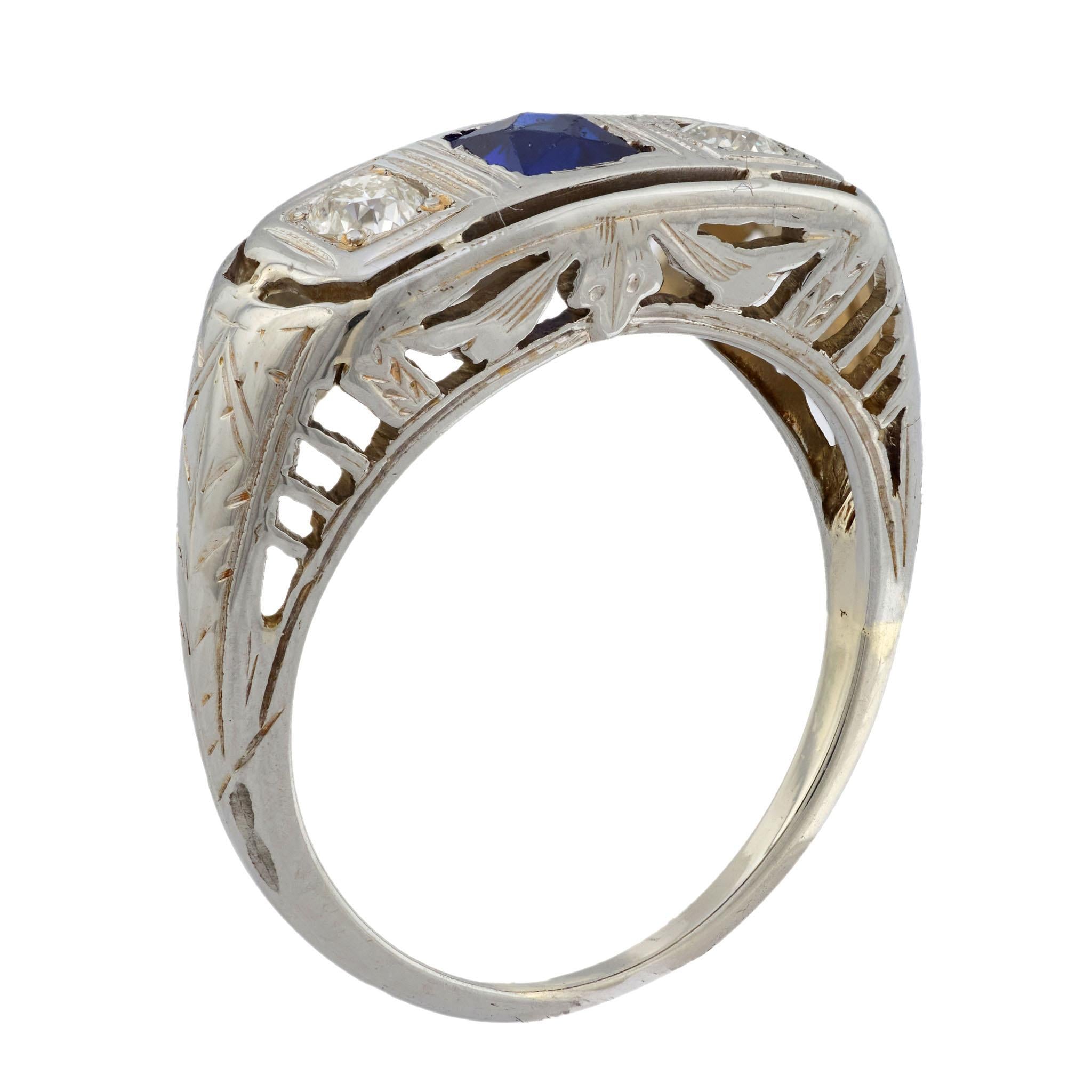 Art Deco 14k Sapphire & Diamond Three Stone Ring