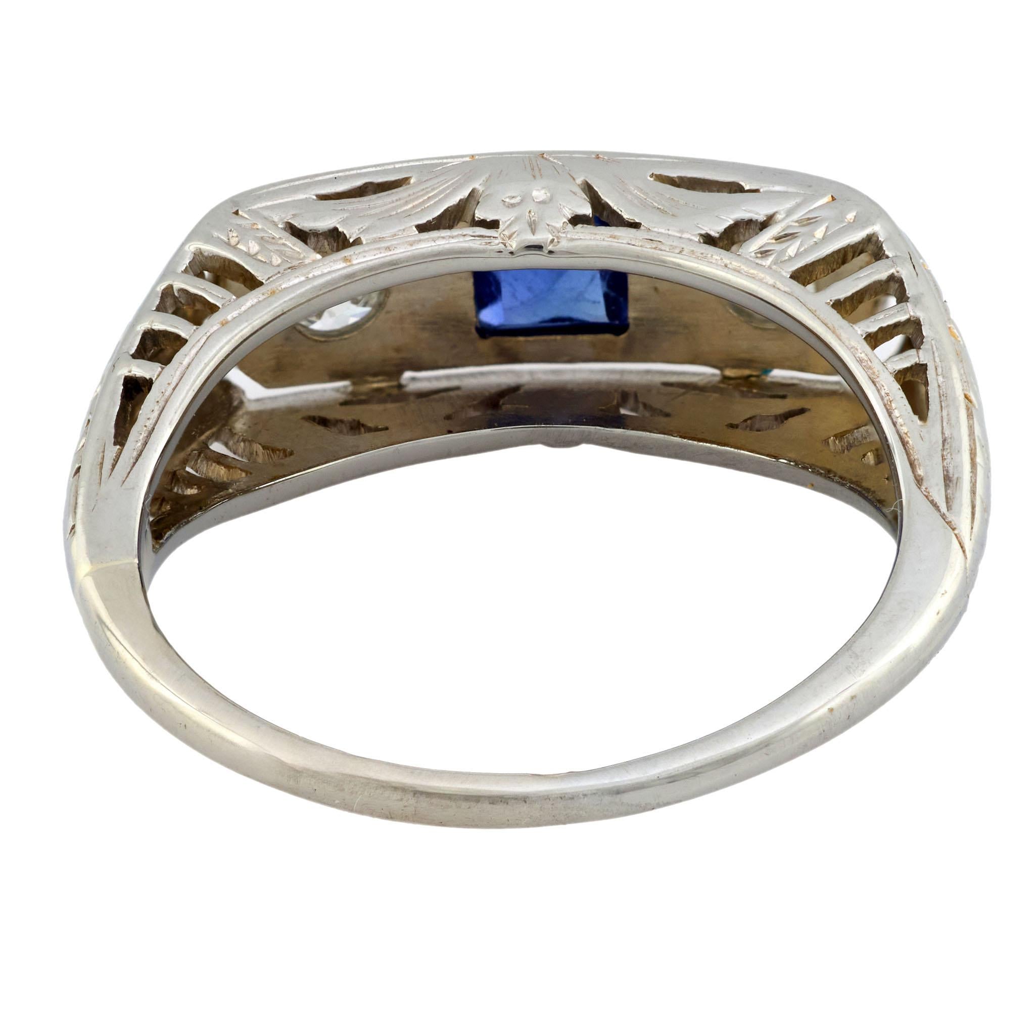 Art Deco 14k Sapphire & Diamond Three Stone Ring