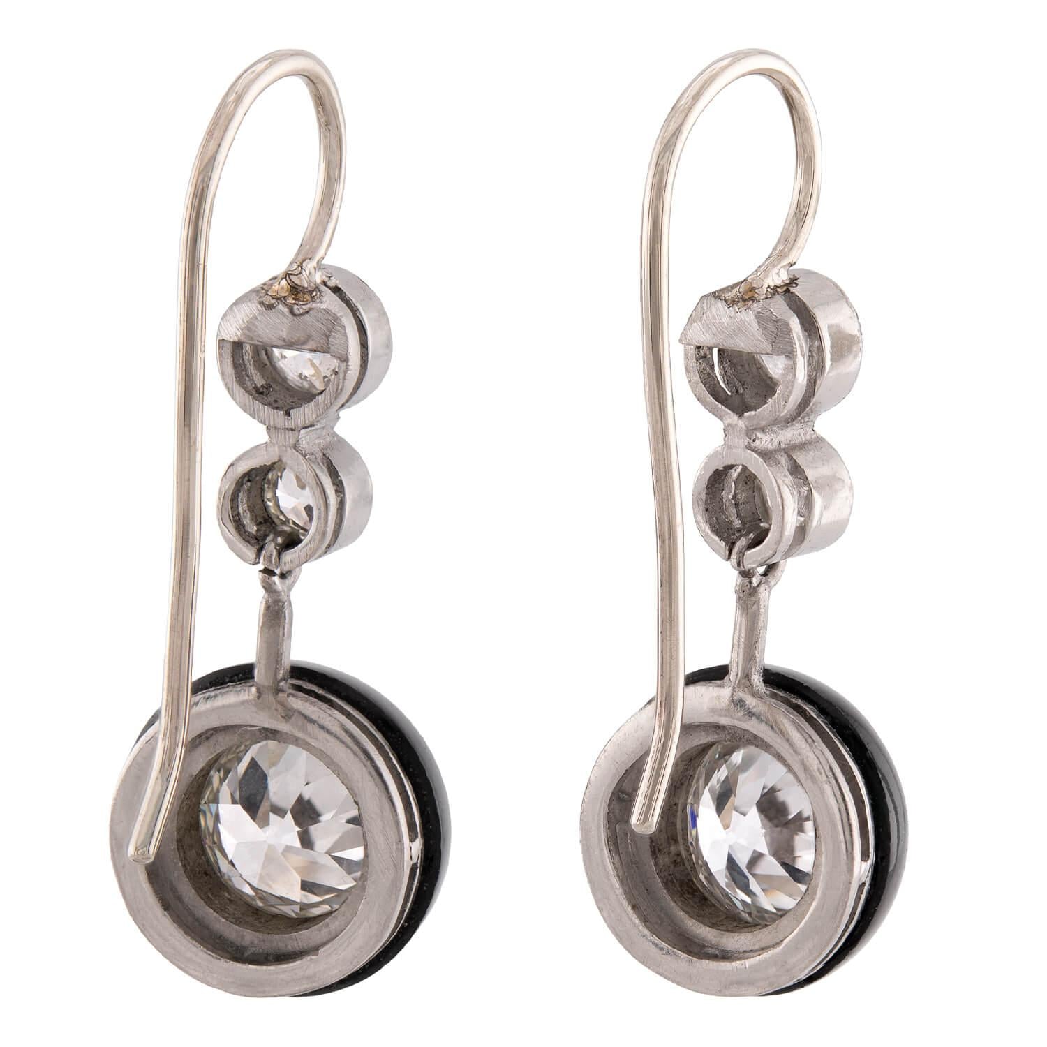 Art Deco Platinum Diamond Onyx Drop Earrings