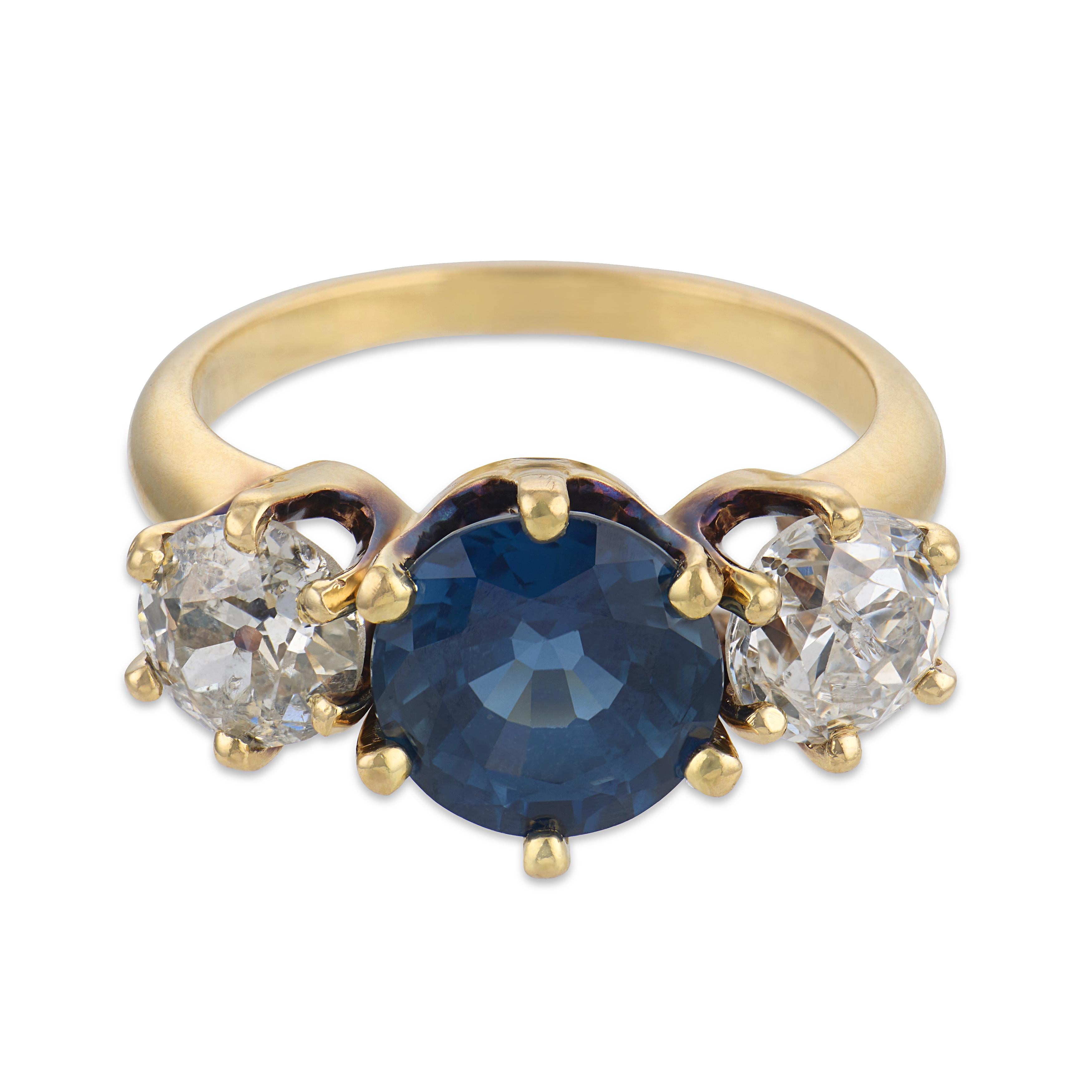 Retro 14k Sapphire & Diamond Three Stone Ring