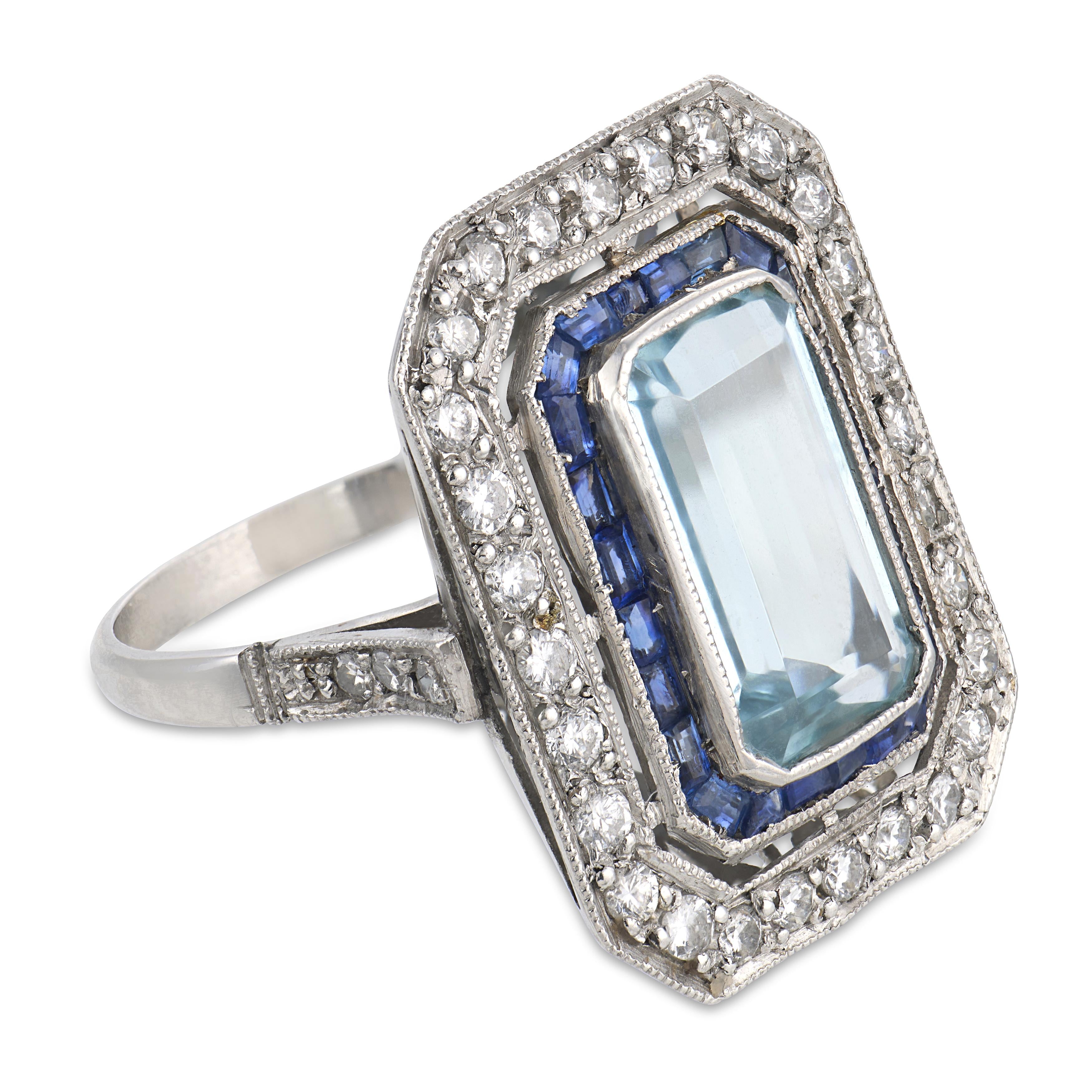Estate Platinum Aqua, Sapphire, & Diamond Statement Ring
