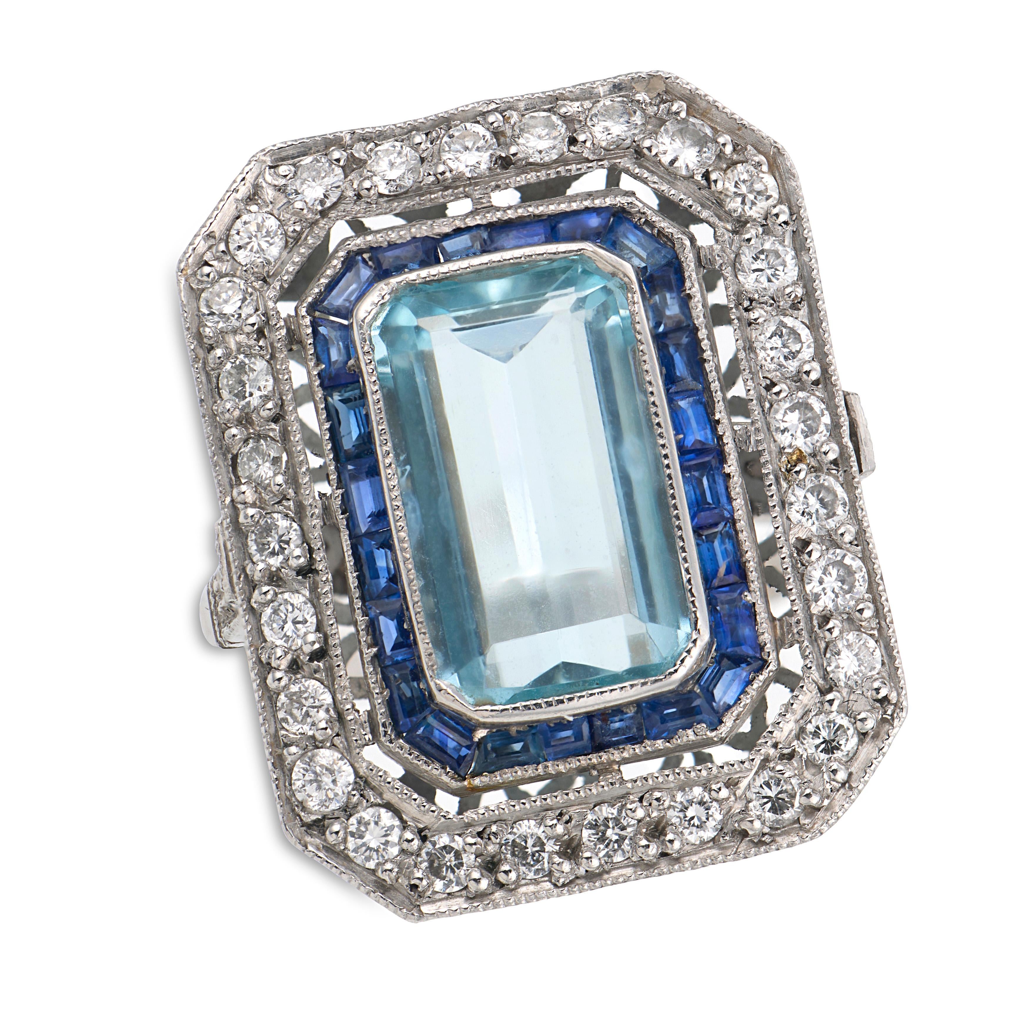 Estate Platinum Aqua, Sapphire, & Diamond Statement Ring