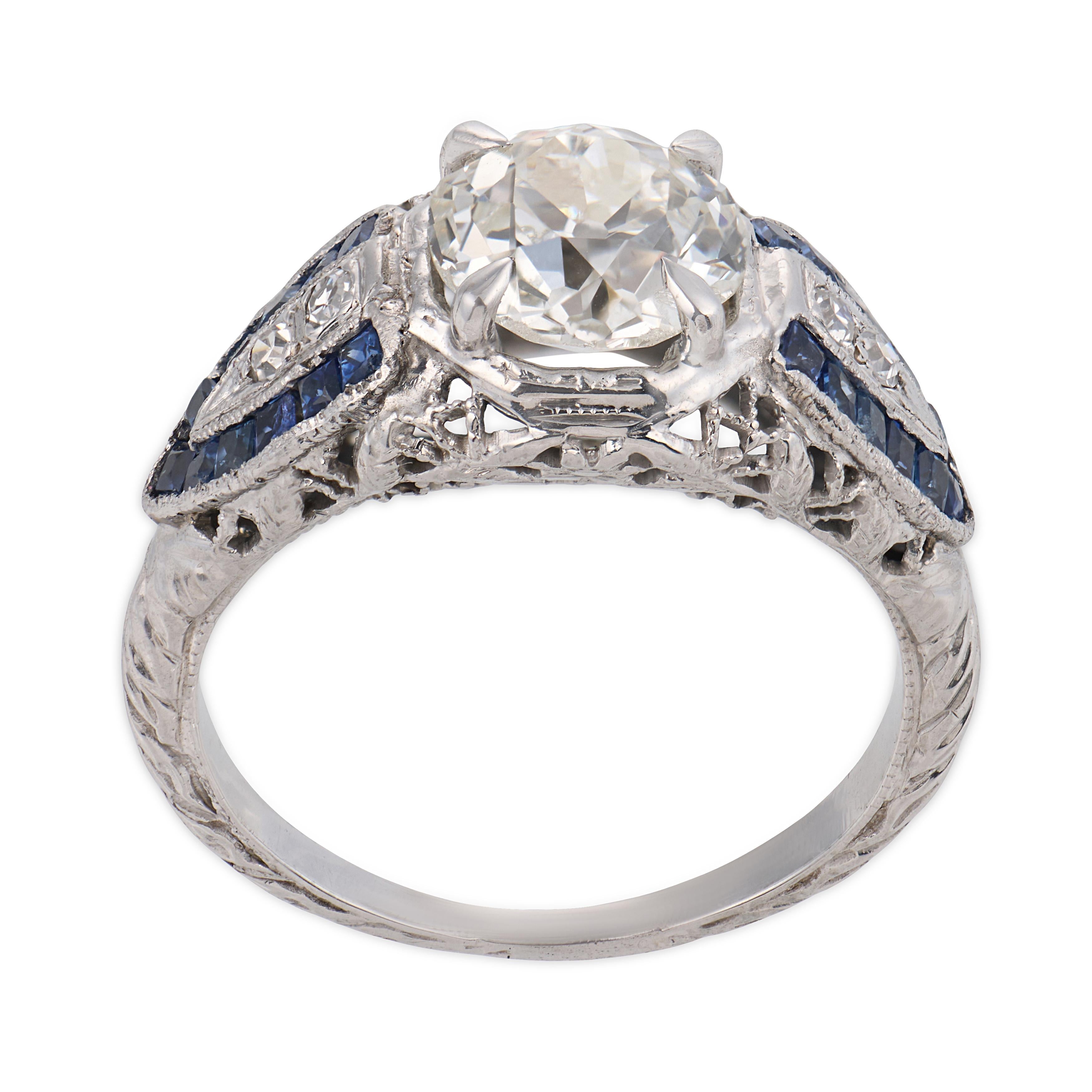 Art Deco Platinum Diamond & Sapphire Engagement Ring 1.59ct