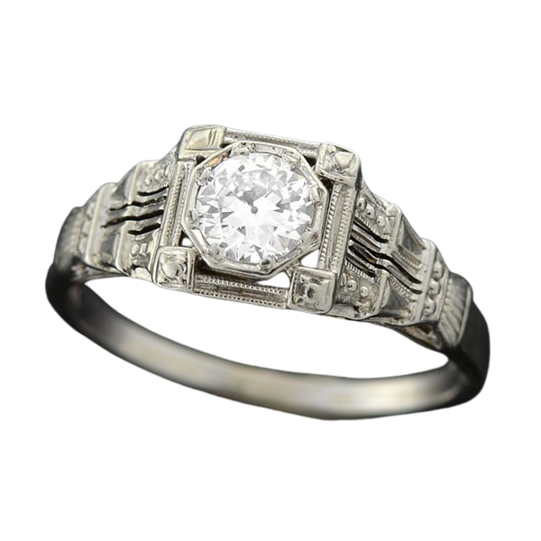 Art Deco 18kt White Gold & Diamond Engagement Ring .36ct