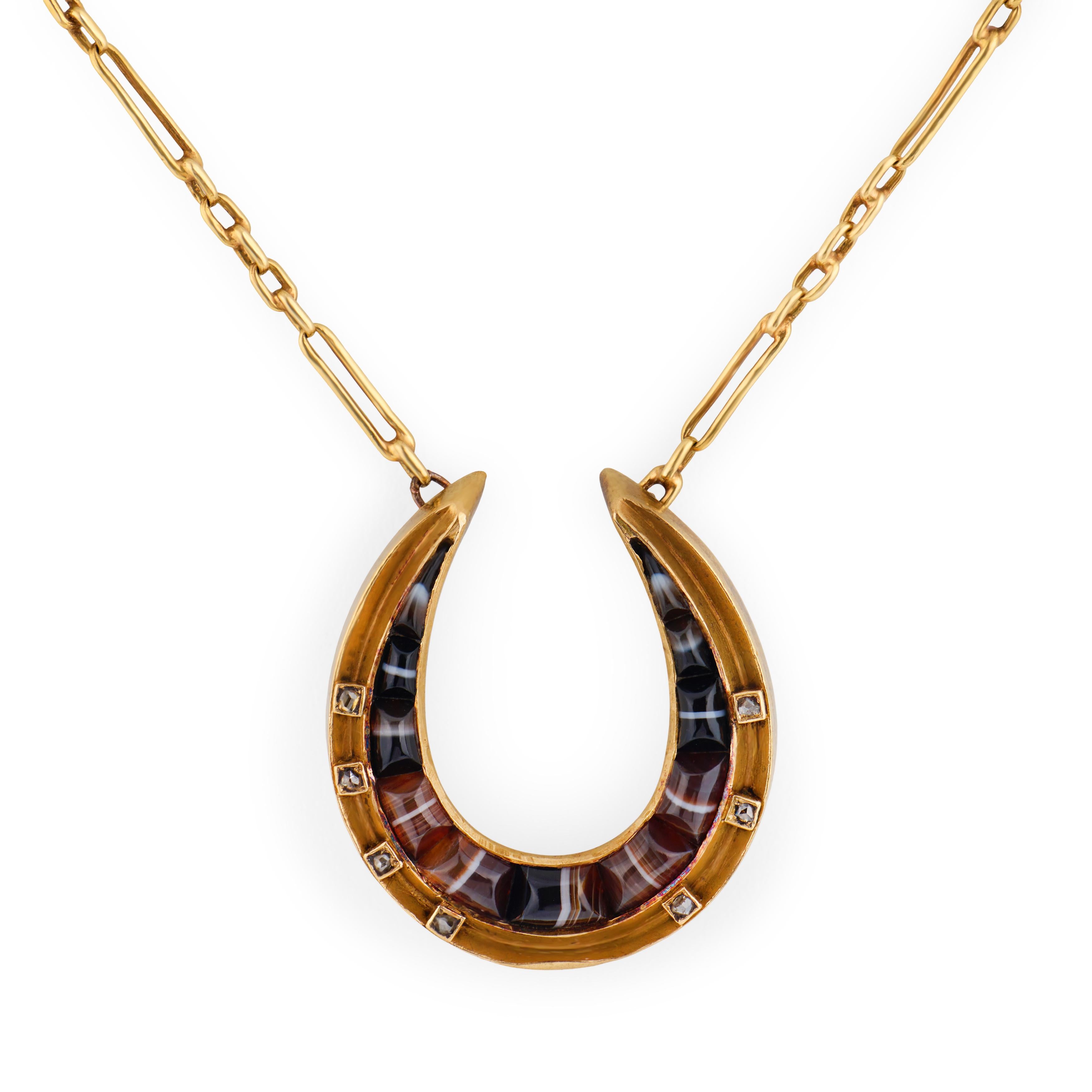 Victorian 18k/14k Agate & Diamond Horseshoe Pendant Necklace