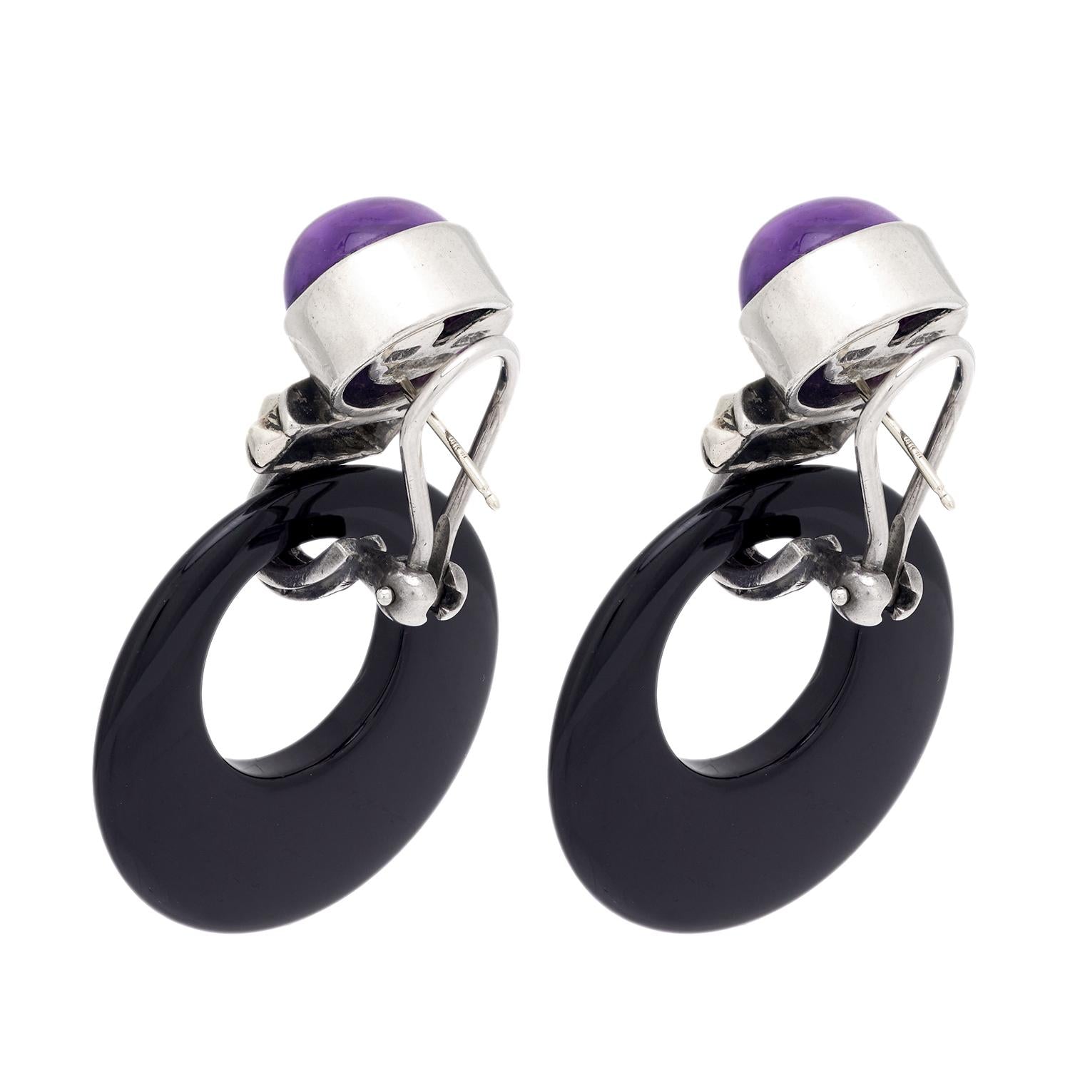 LAGOS Estate 18k/Sterling Silver Amethyst and Onyx Hoop Earrings