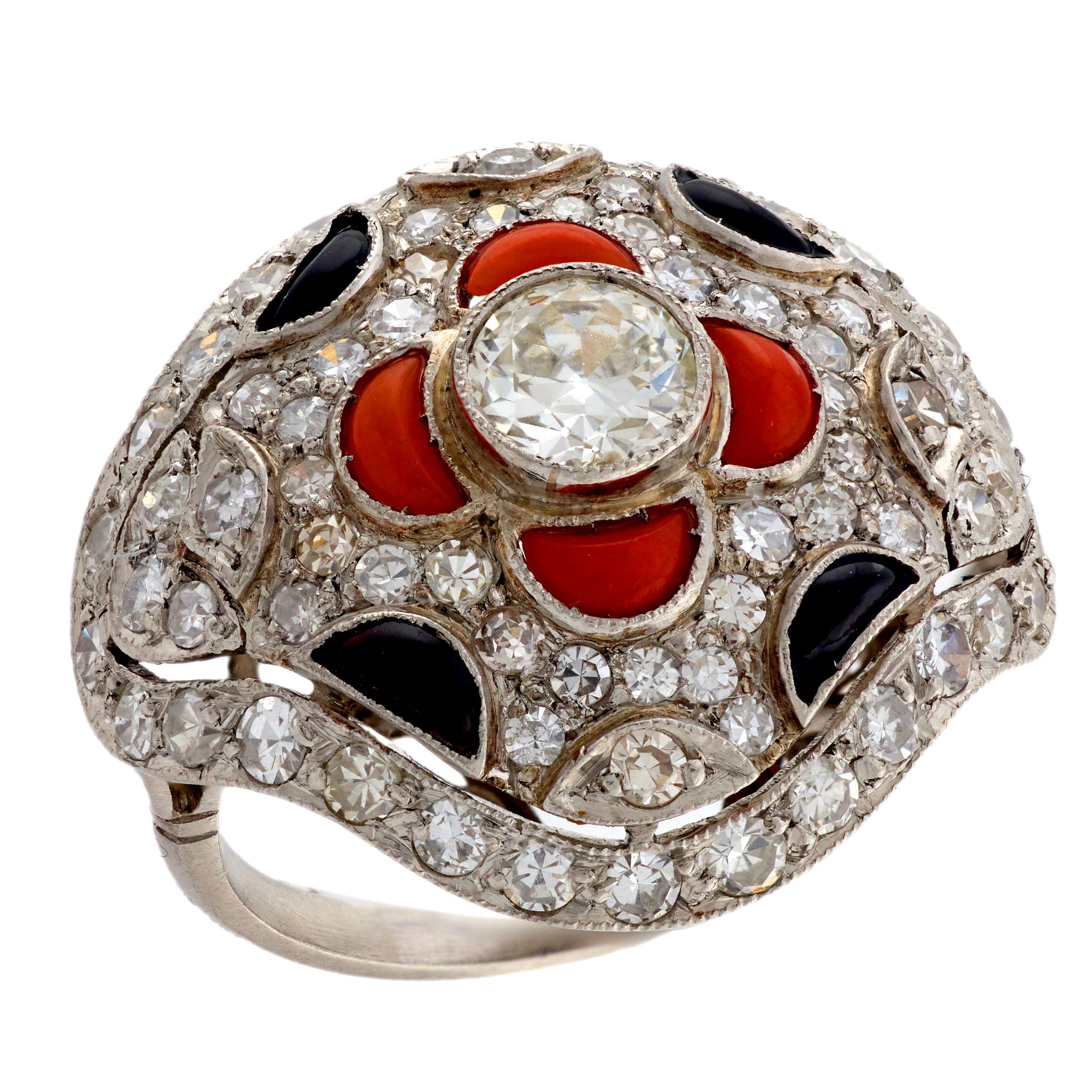 Art Deco Platinum Diamond, Coral, and Onyx Ring