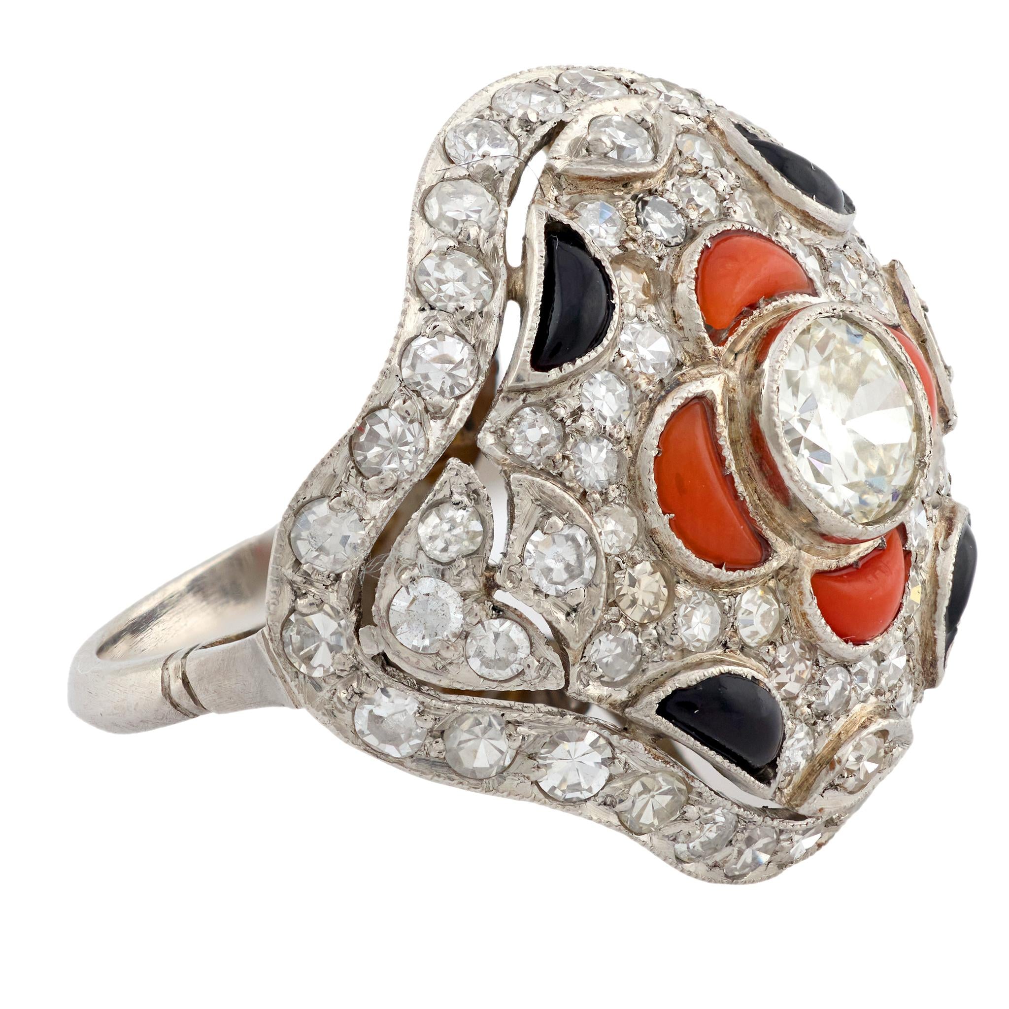 Art Deco Platinum Diamond, Coral, and Onyx Ring