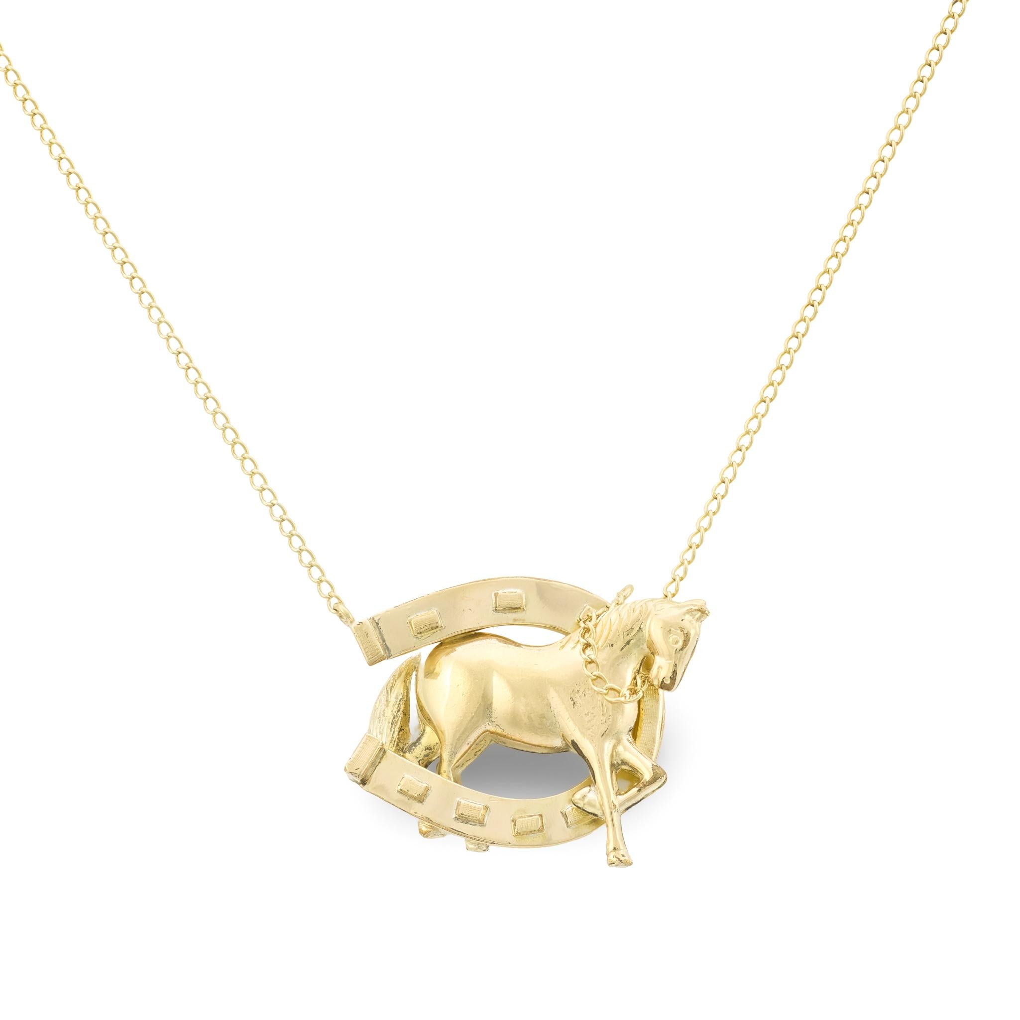 Victorian 14k Horse & Horseshoe Pendant Necklace