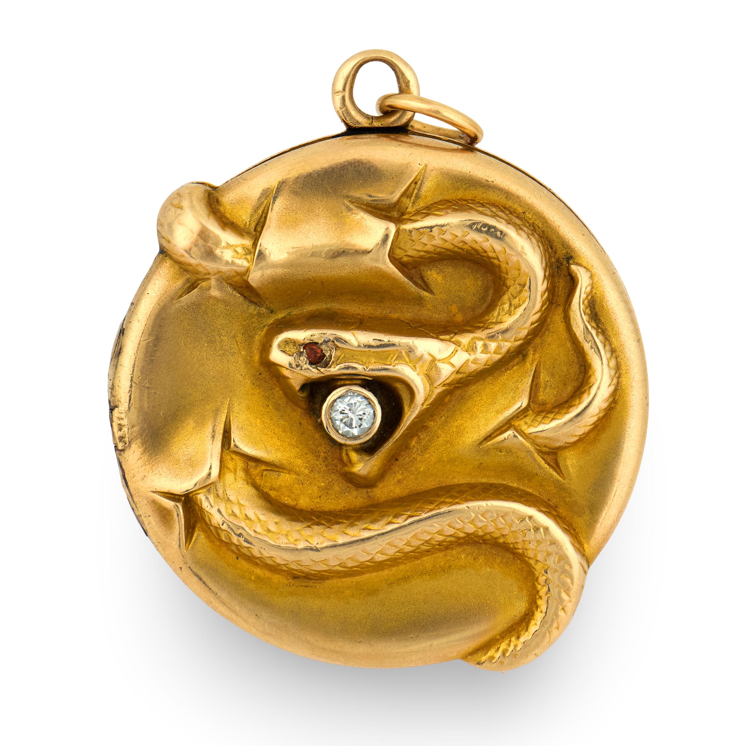 Edwardian 10k Diamond & Garnet Repousse Snake Locket Pendant