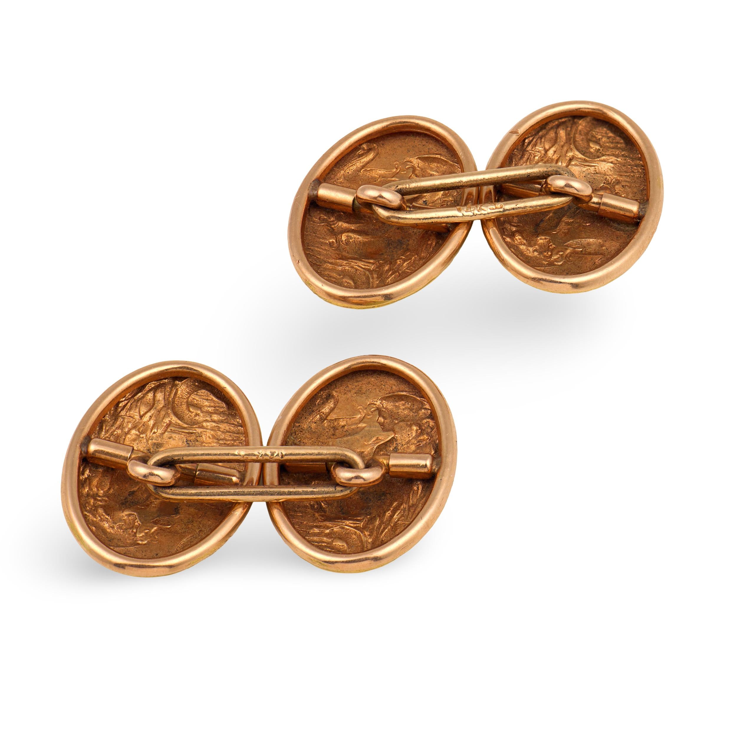 KREMENTZ & CO. Art Nouveau 14k Repoussé Mermaid-Motif Cufflinks