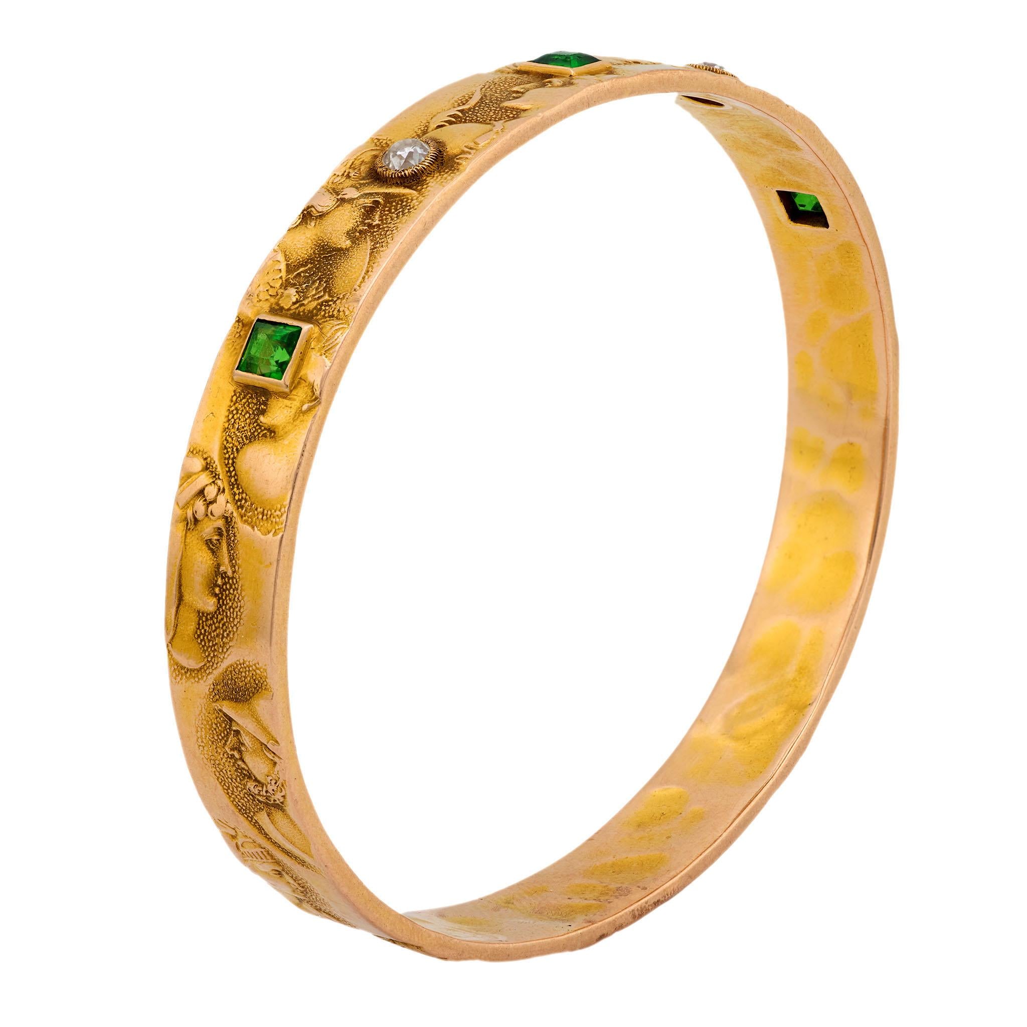 Art Nouveau 14k Diamond & Demantoid Repousse Bangle