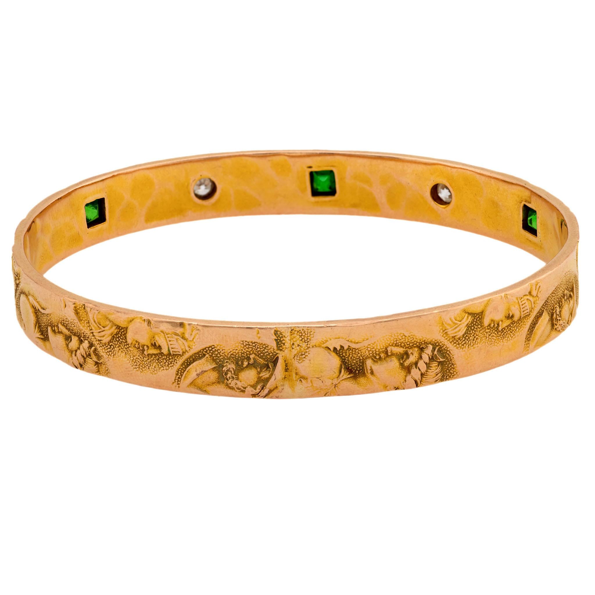 Art Nouveau 14k Diamond & Demantoid Repousse Bangle