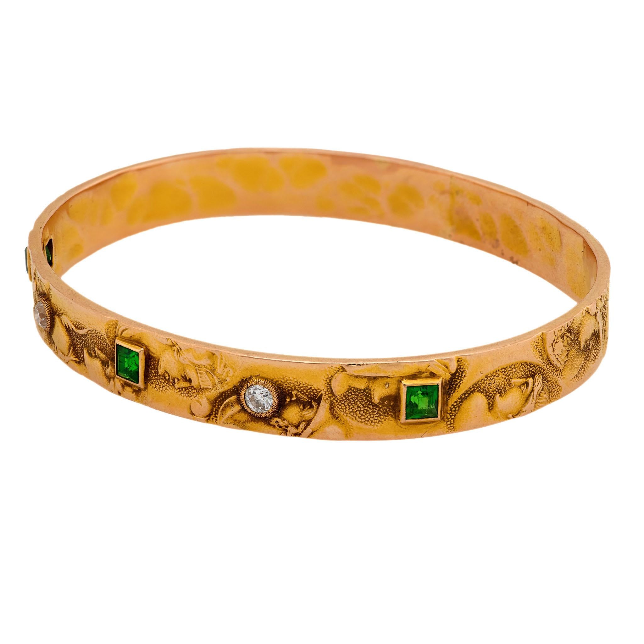 Art Nouveau 14k Diamond & Demantoid Repousse Bangle