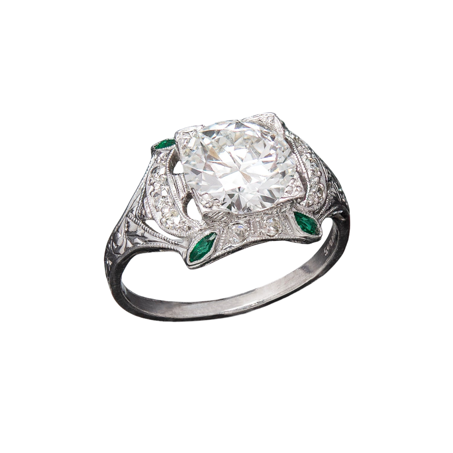 Art Deco Platinum Diamond + Emerald Engagement Ring 1.78ct
